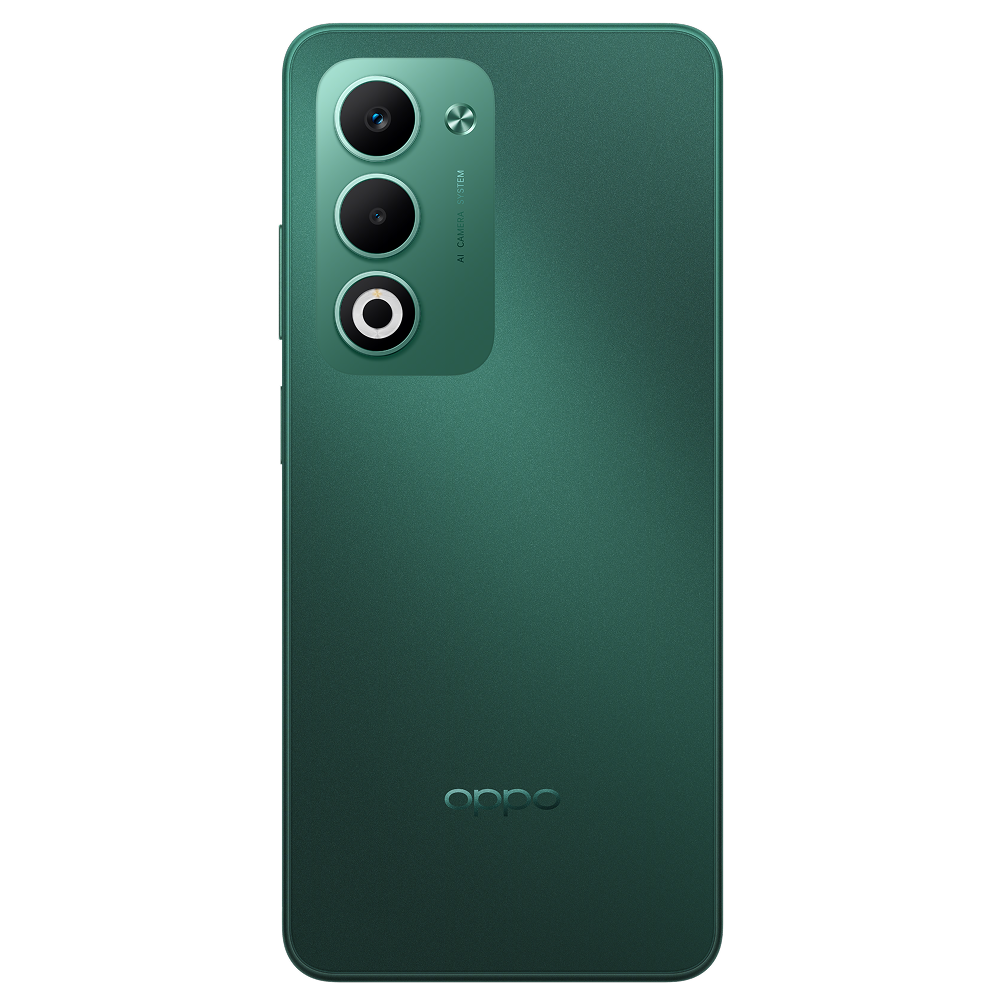 Tył zielonego smartfona z potrójnym aparatem i logo OPPO.