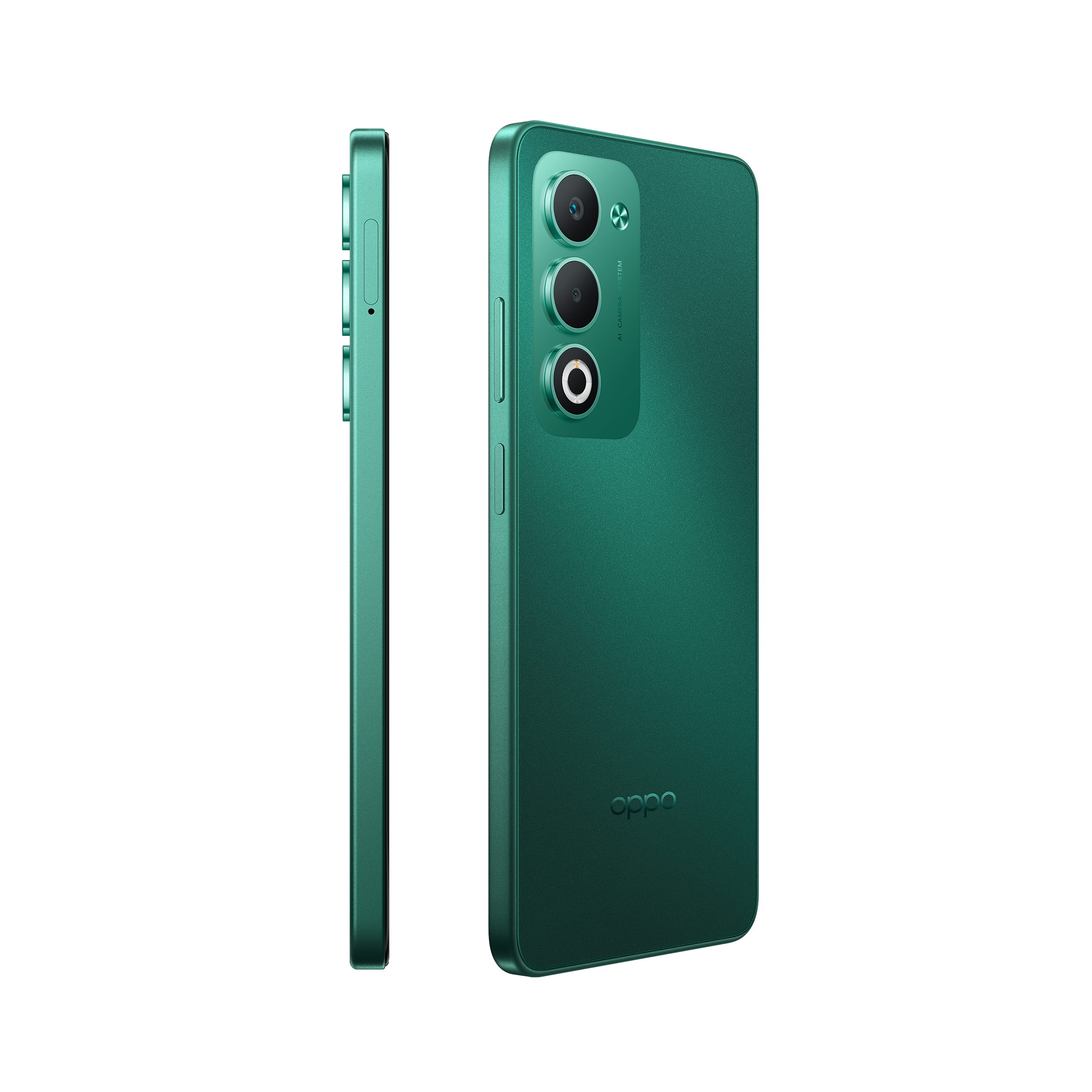 Zielony smartfon Oppo z trzema tylnymi aparatami, na czarnym tle.