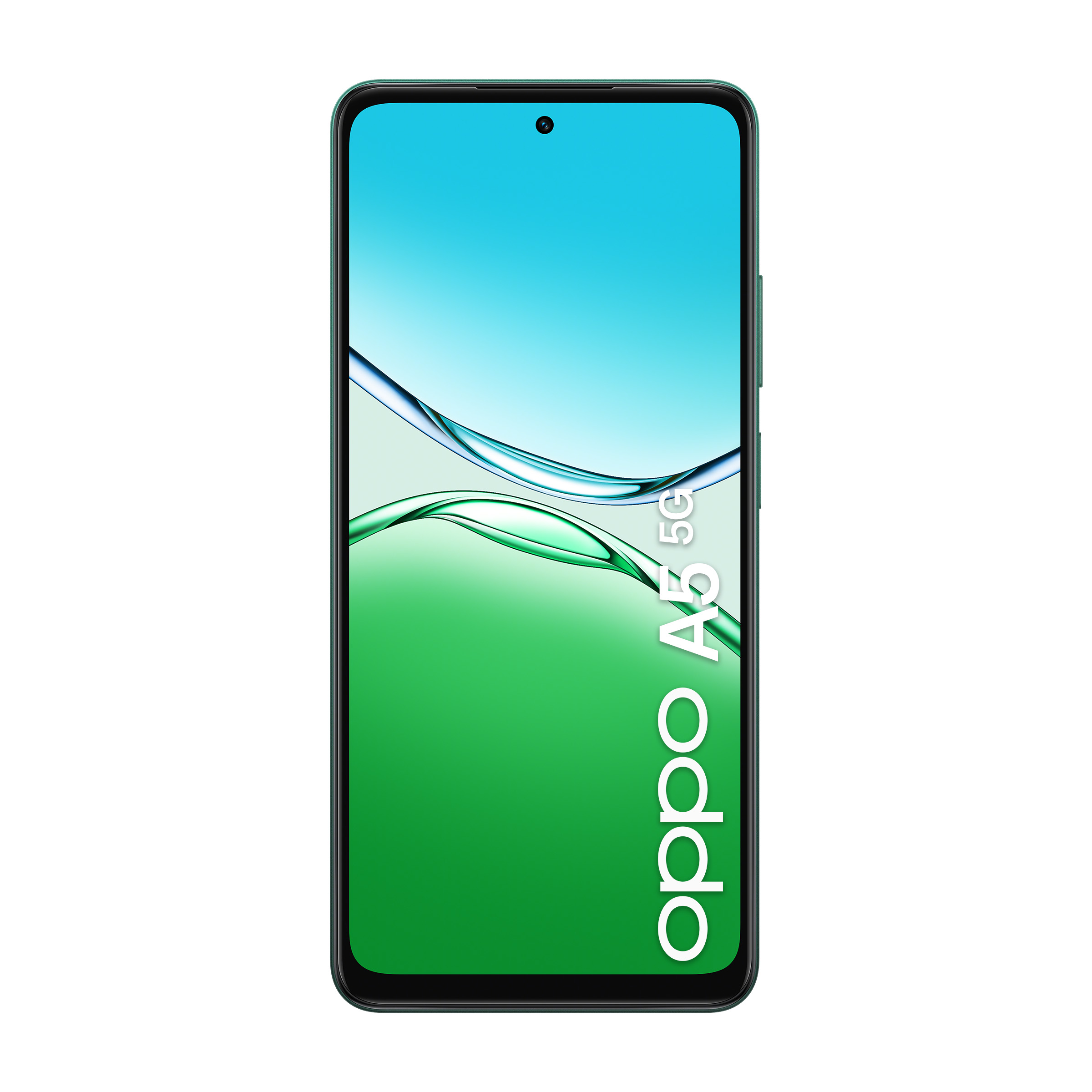 Zielony smartfon OPPO A5 5G z niebiesko-zielonym tłem.