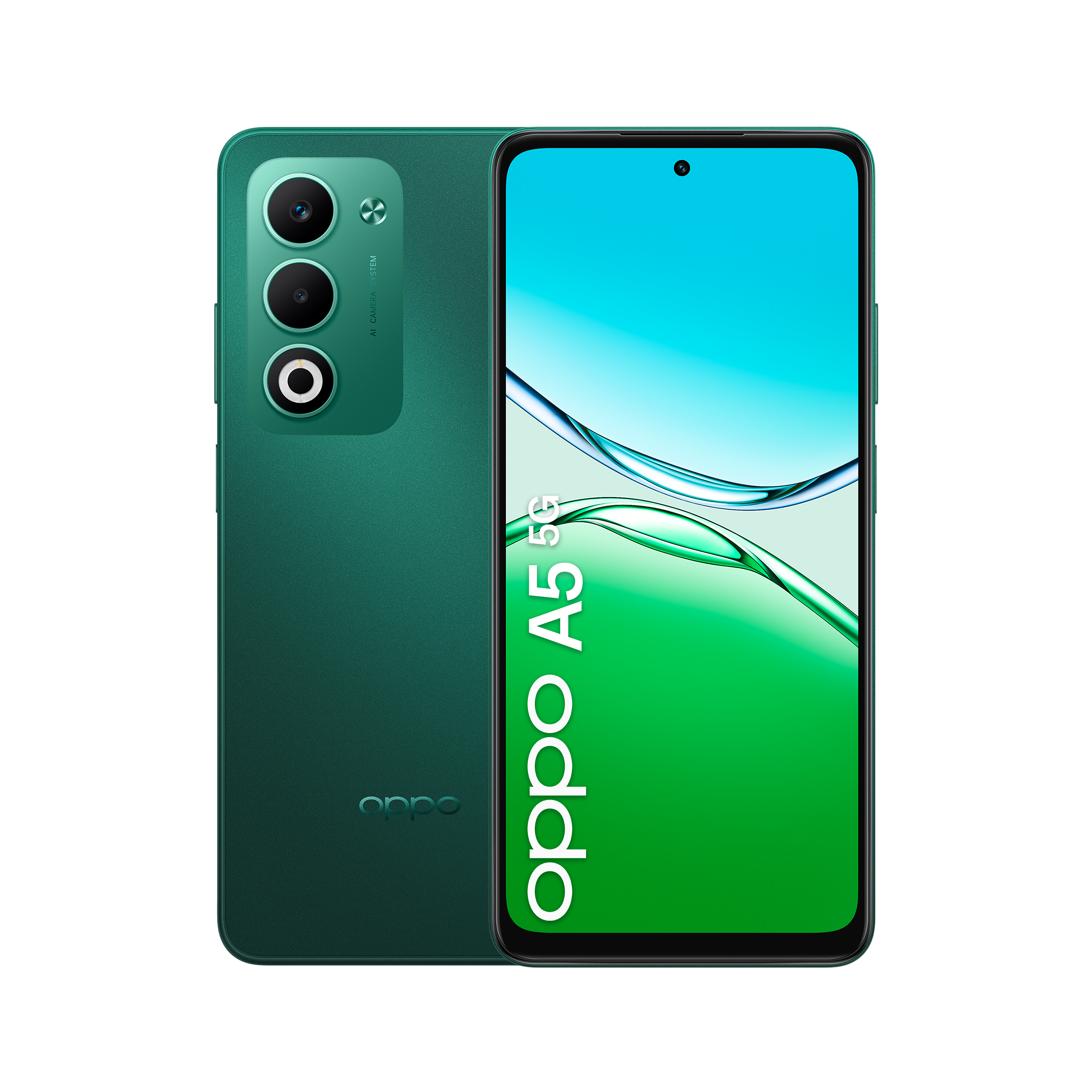 Zielony smartfon Oppo A5 5G z zestawem aparatów z tyłu.