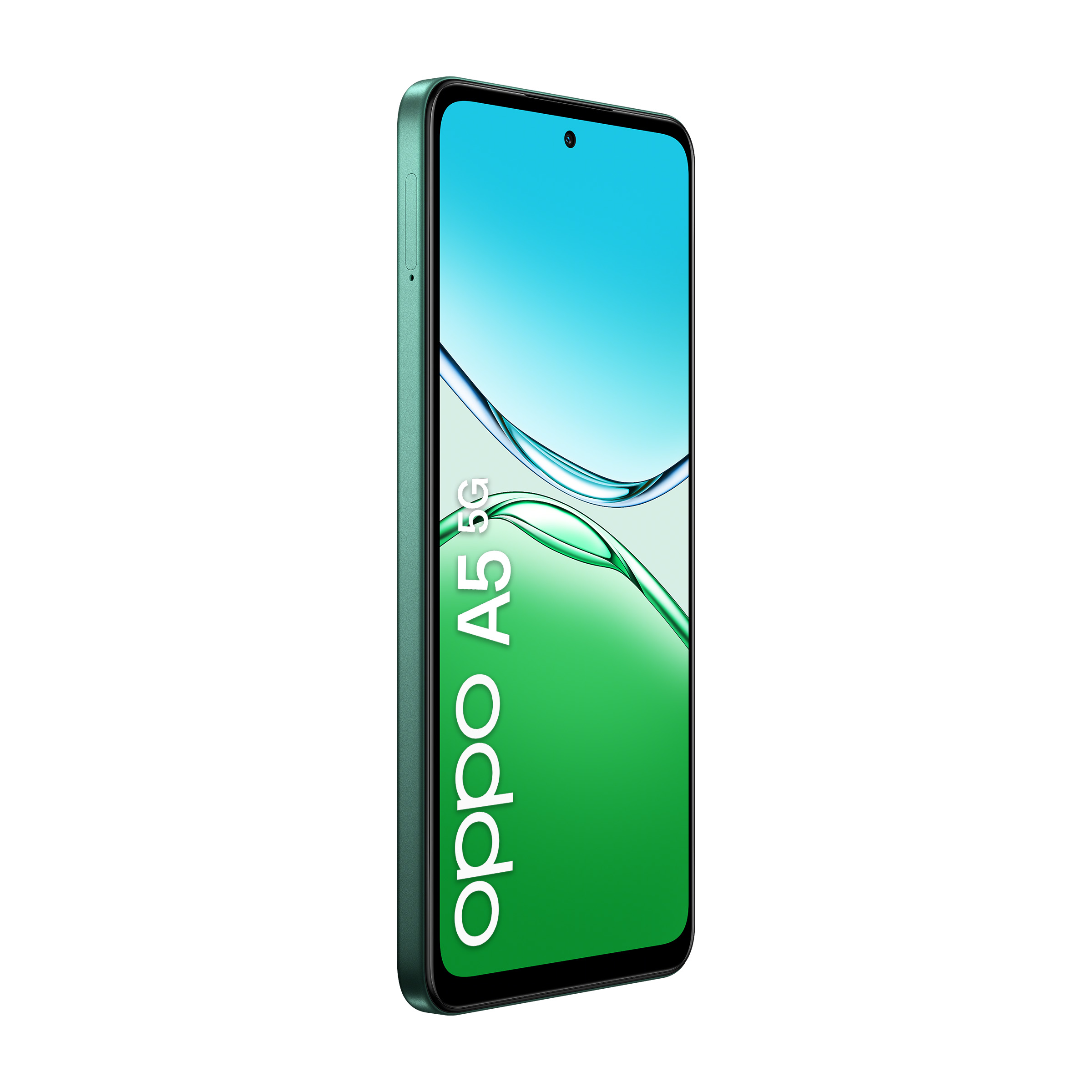 Zielony smartfon OPPO A5 5G z falistym wzorem na ekranie.