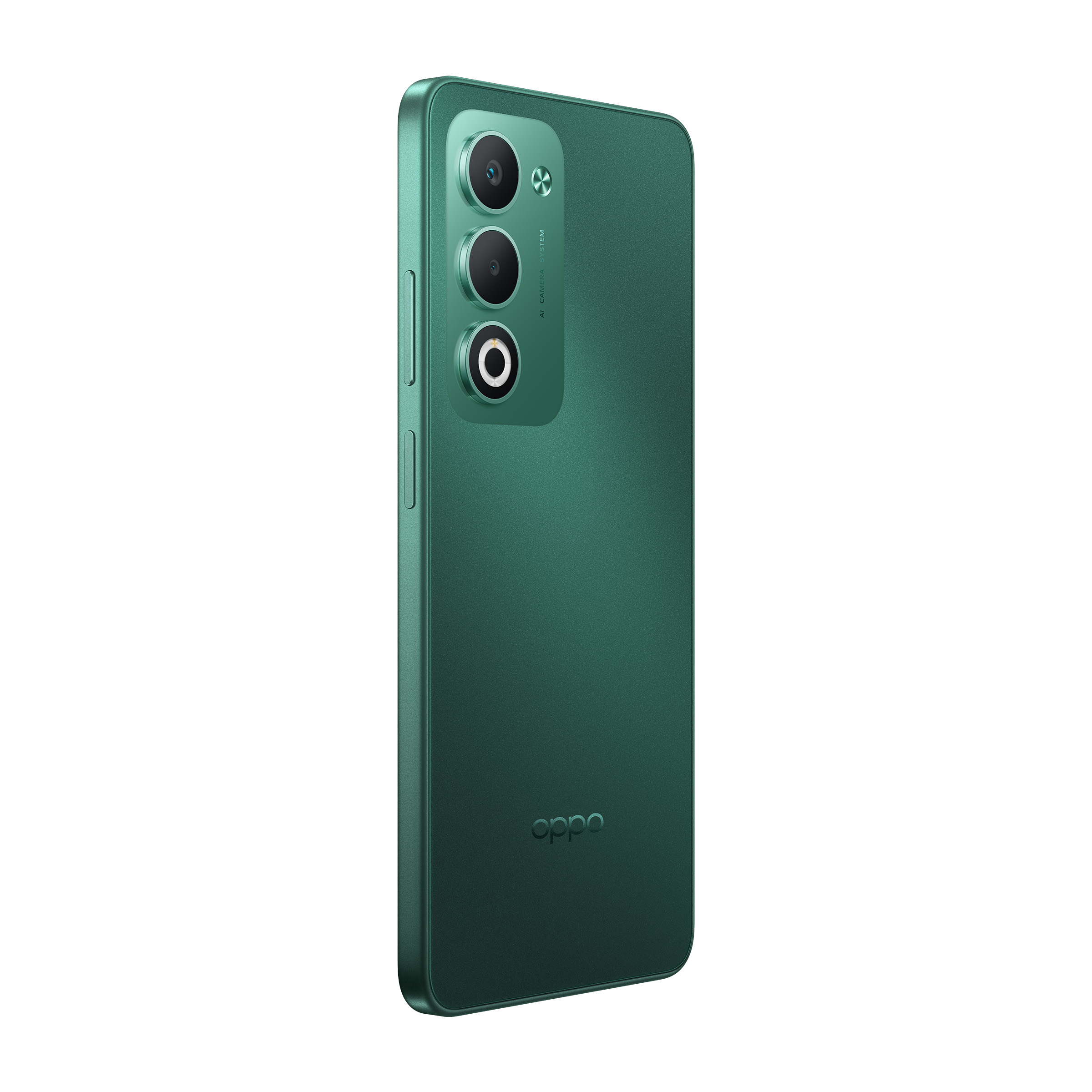 Tył zielonego smartfona z trzema aparatami i logo OPPO.