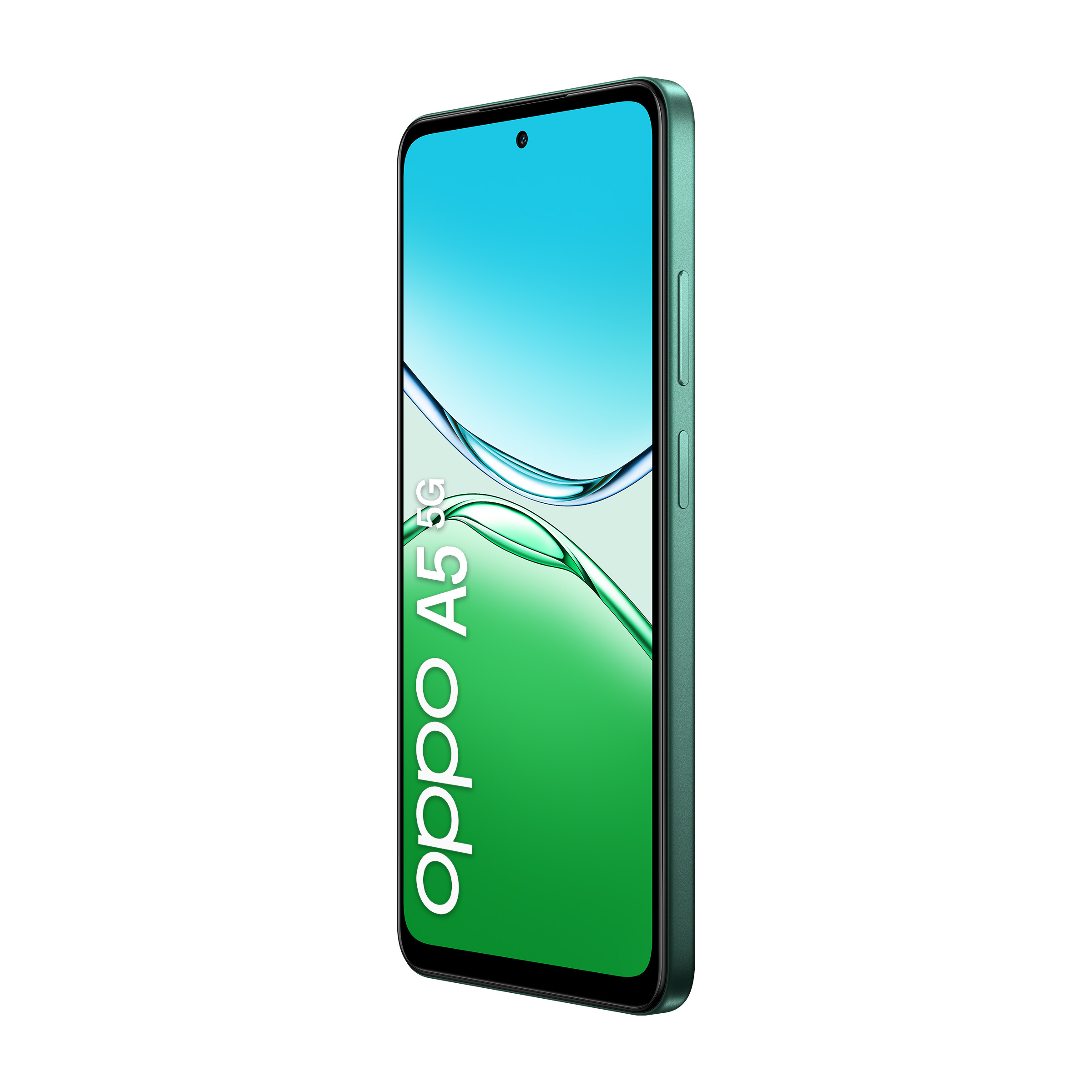Zielony smartfon Oppo A5 5G z falistym wzorem na ekranie.