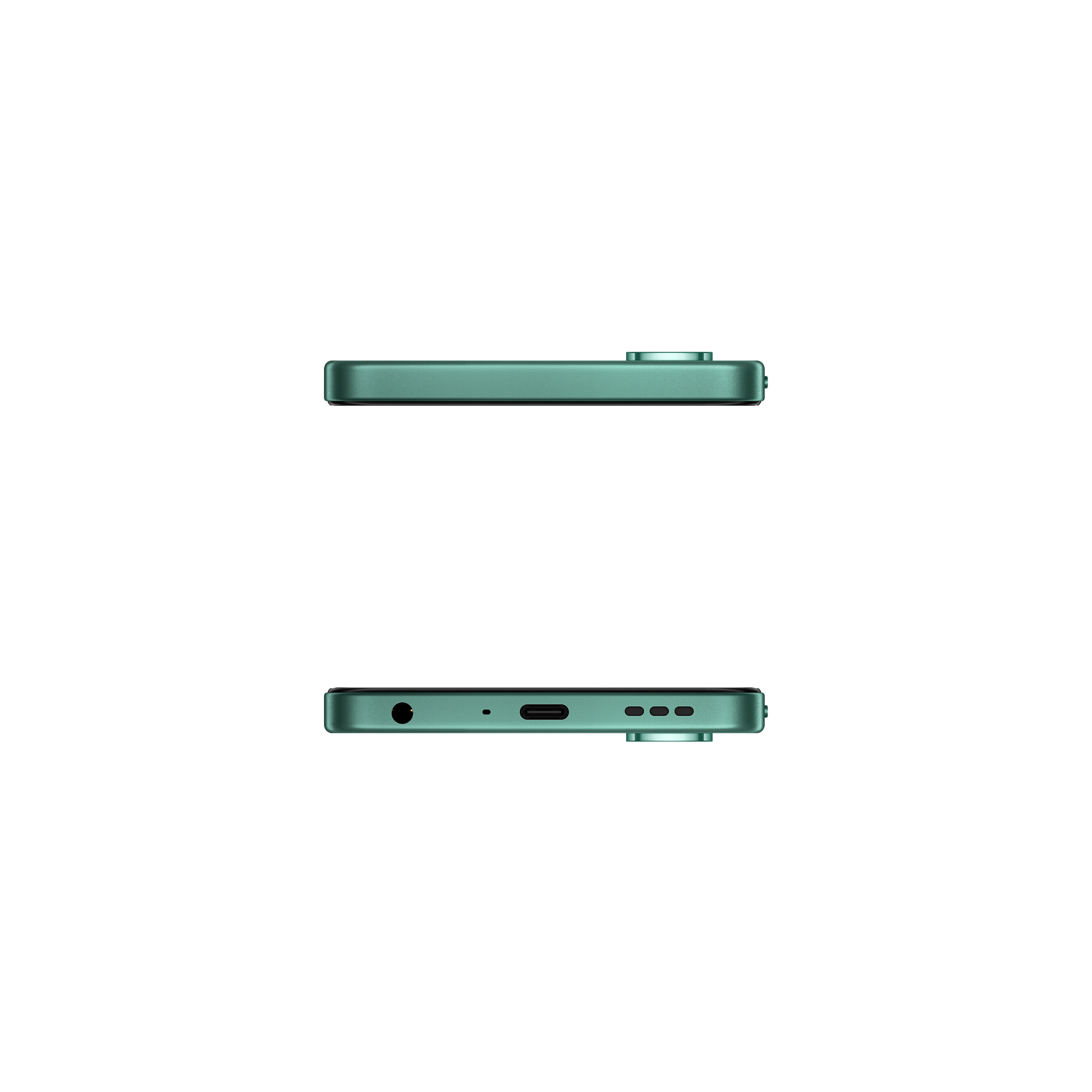Zielony smartfon pokazany z góry i z dołu, z portami.