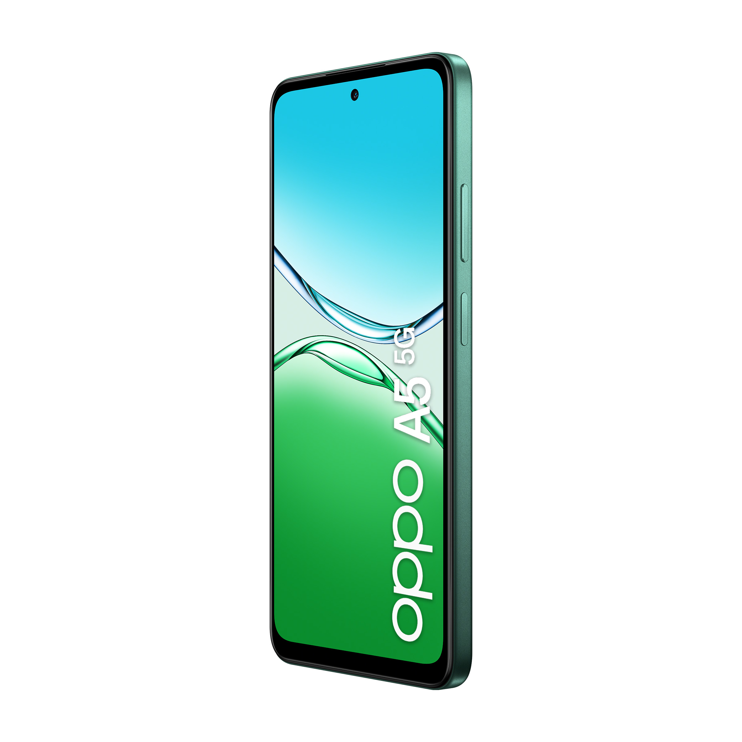 Zielony smartfon Oppo A5 5G z niebiesko-zielonym tłem na ekranie.