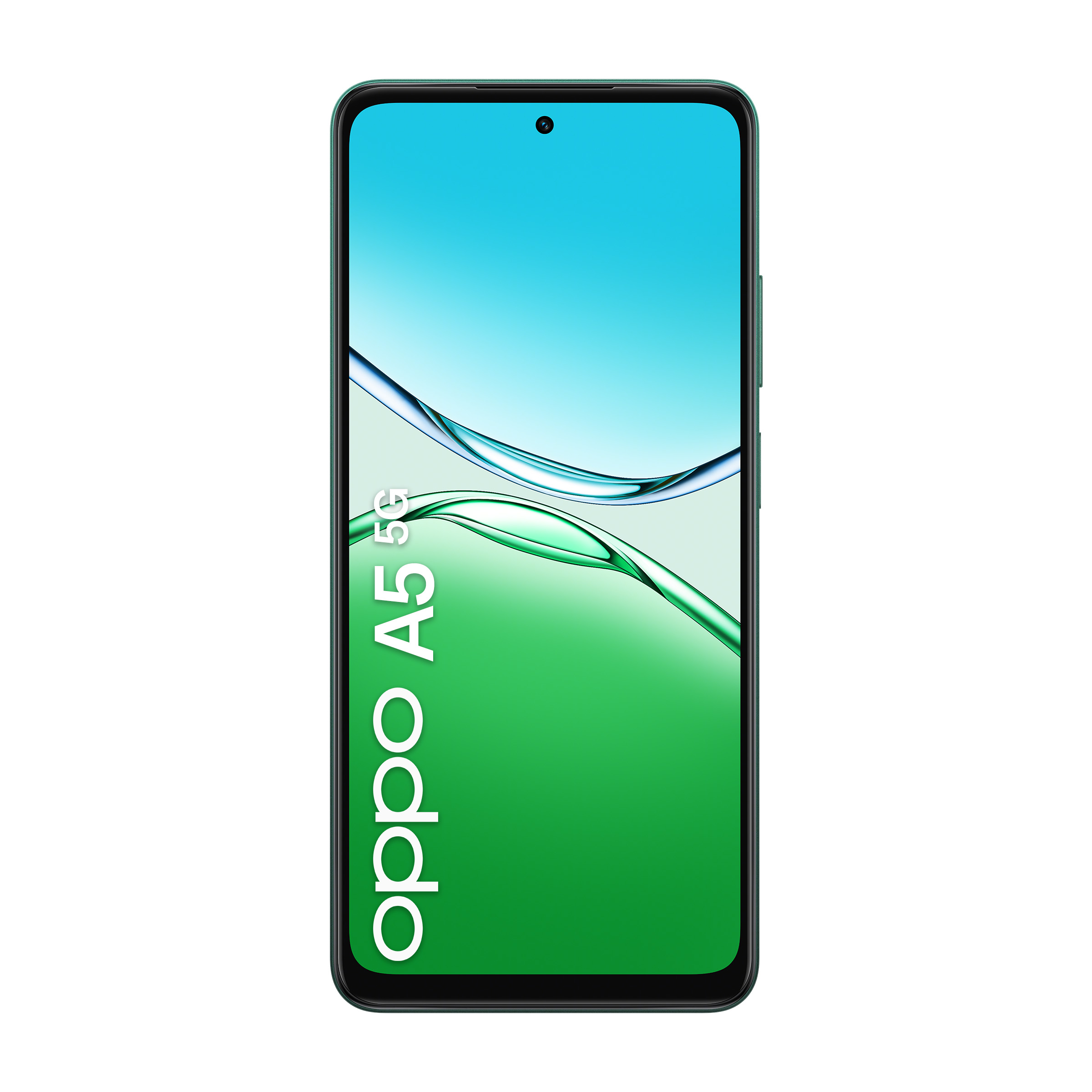 Zielony smartfon Oppo A5 5G z niebiesko-zielonym tłem.