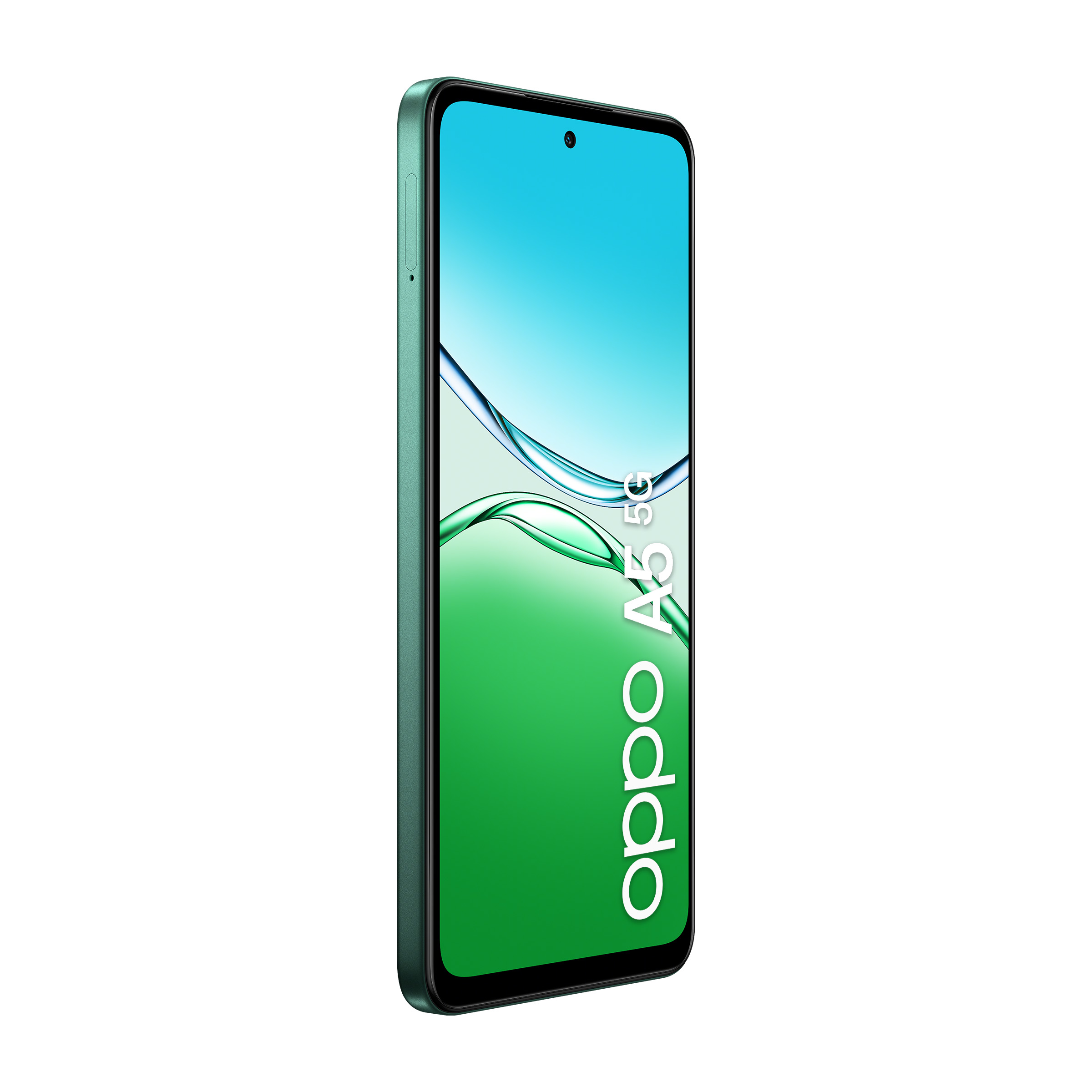 Zielony smartfon Oppo A5 5G z niebiesko-zielonym tłem ekranu.