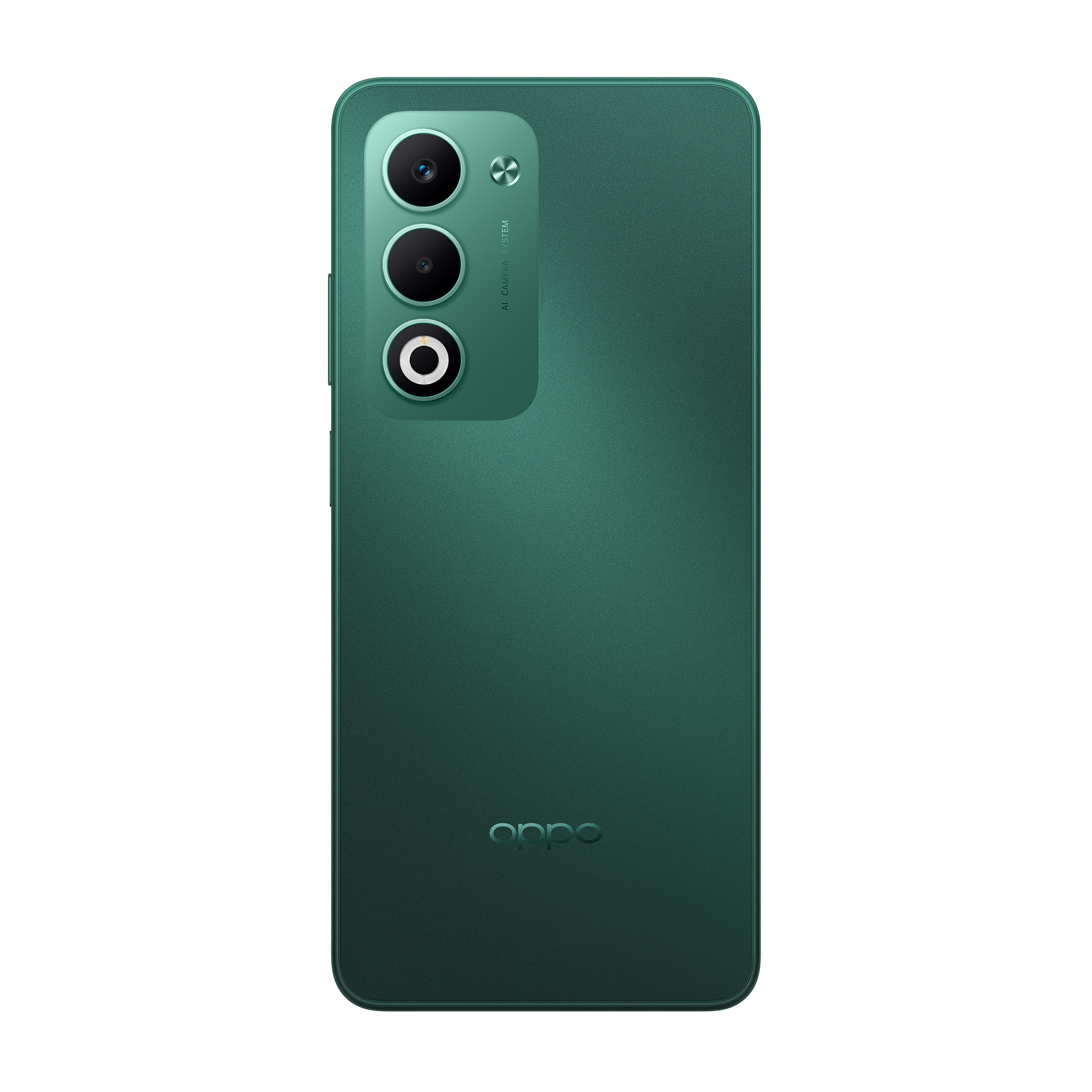 Zielony smartfon z potrójnym aparatem i logo OPPO na białym tle.