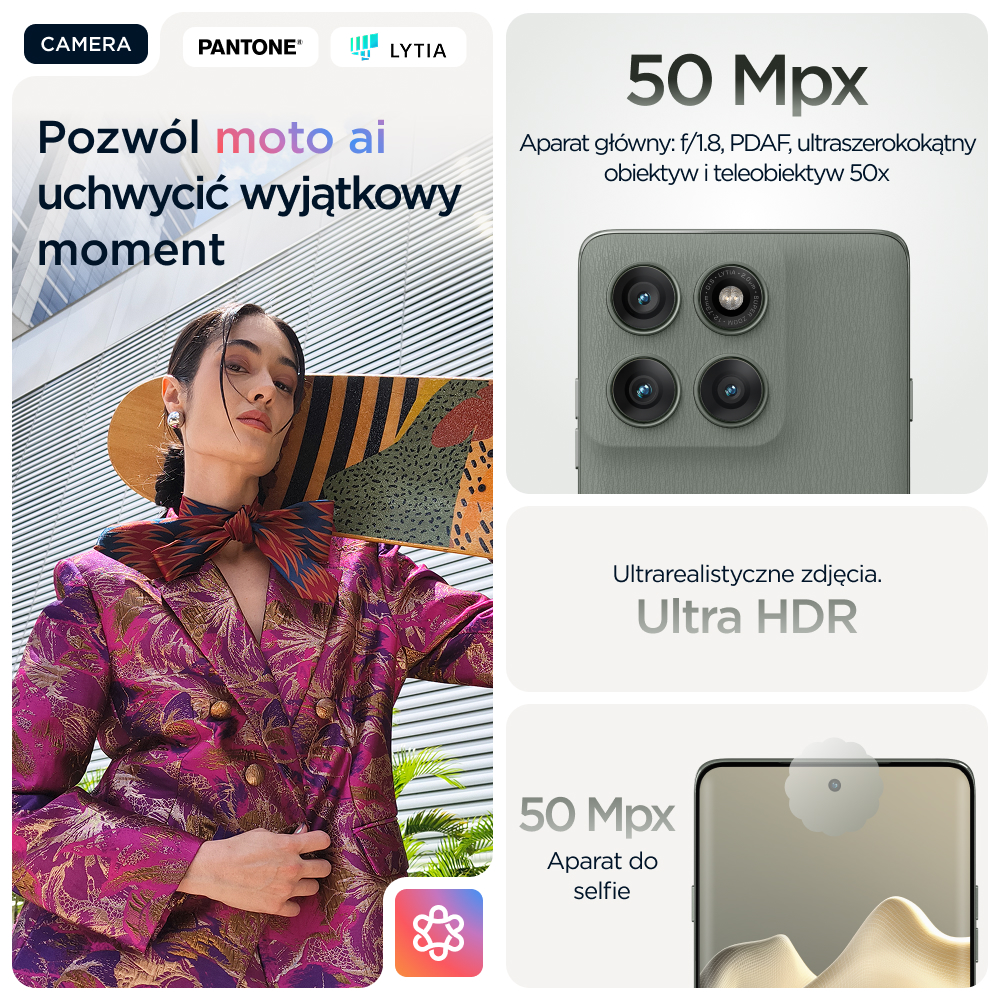 Stylowa kobieta z deskorolką, specyfikacje aparatu, 50 MP główny i selfie.