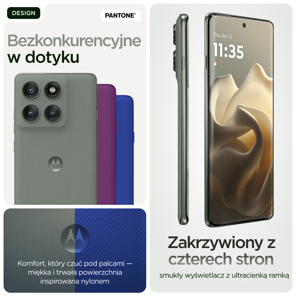 Szary telefon Motorola z trzema aparatami, obok fioletowych i niebieskich telefonów.