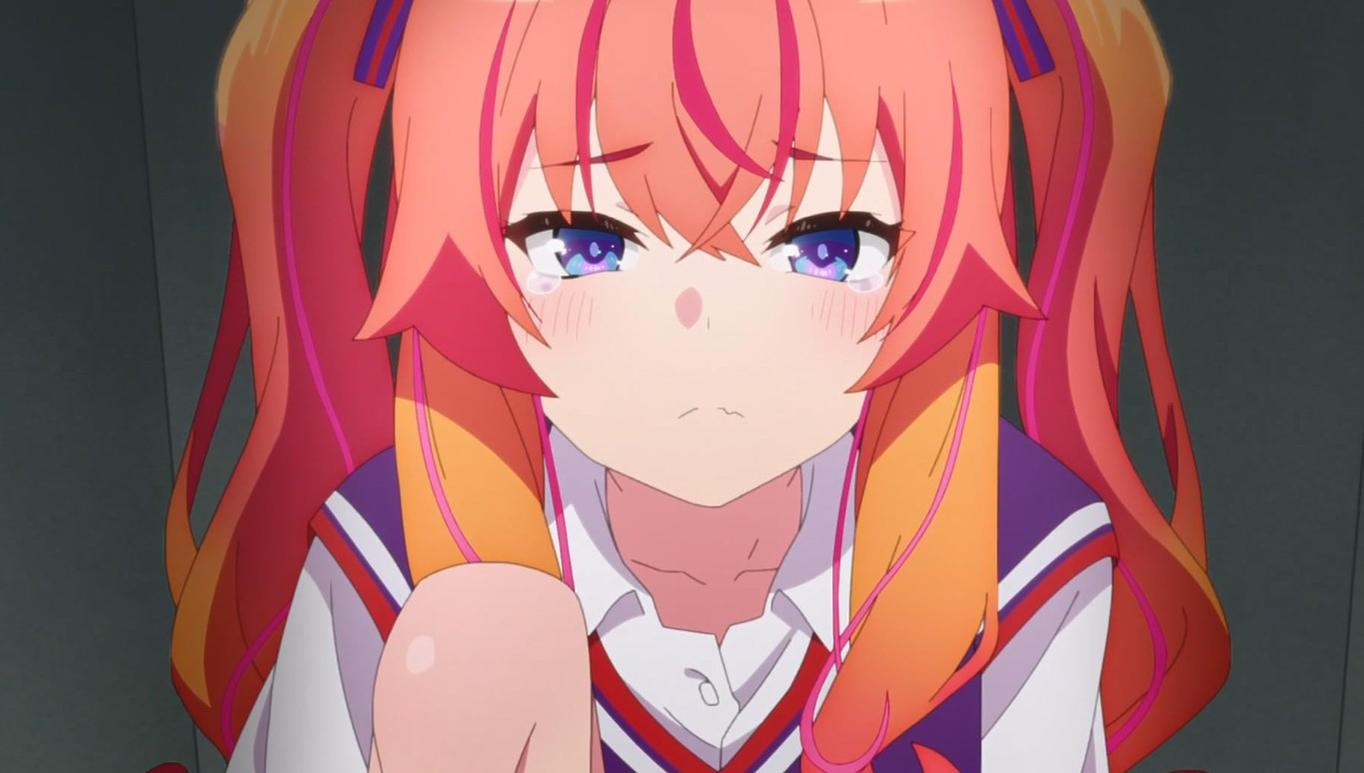 Ein Anime-Mädchen mit roten Zöpfen weint mit blauen Augen.