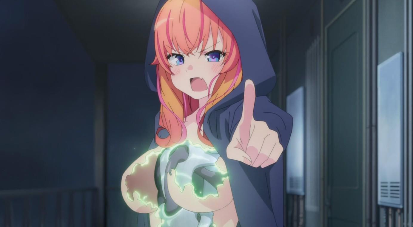 Anime-Mädchen mit orangefarbenem Haar in dunkler Kapuze, zeigt nach vorne.