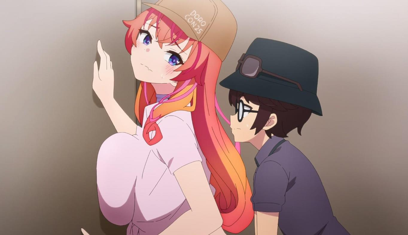 Anime-Mädchen mit pinken Haaren und Kappe, Mann mit Brille und Hut daneben.
