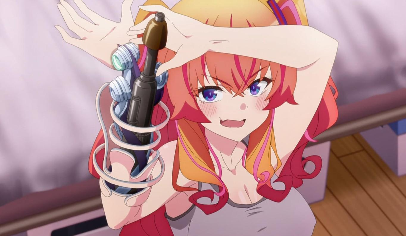 Anime-Mädchen mit roten Haaren und einem Raketenwerfer, das sich die Stirn bedeckt.