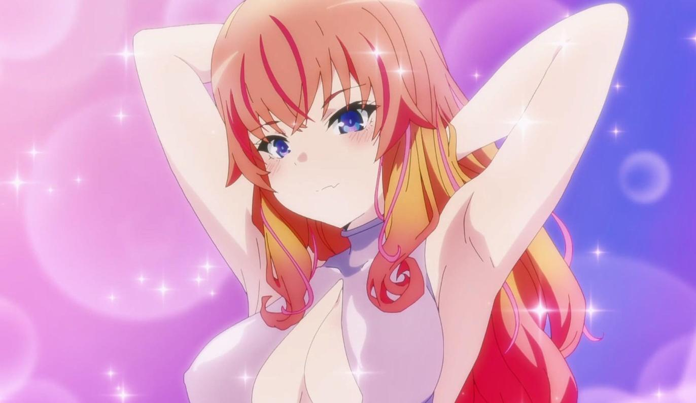 Anime-Mädchen mit orangefarbenen Haaren und blauen Augen, das die Arme über dem Kopf verschränkt.