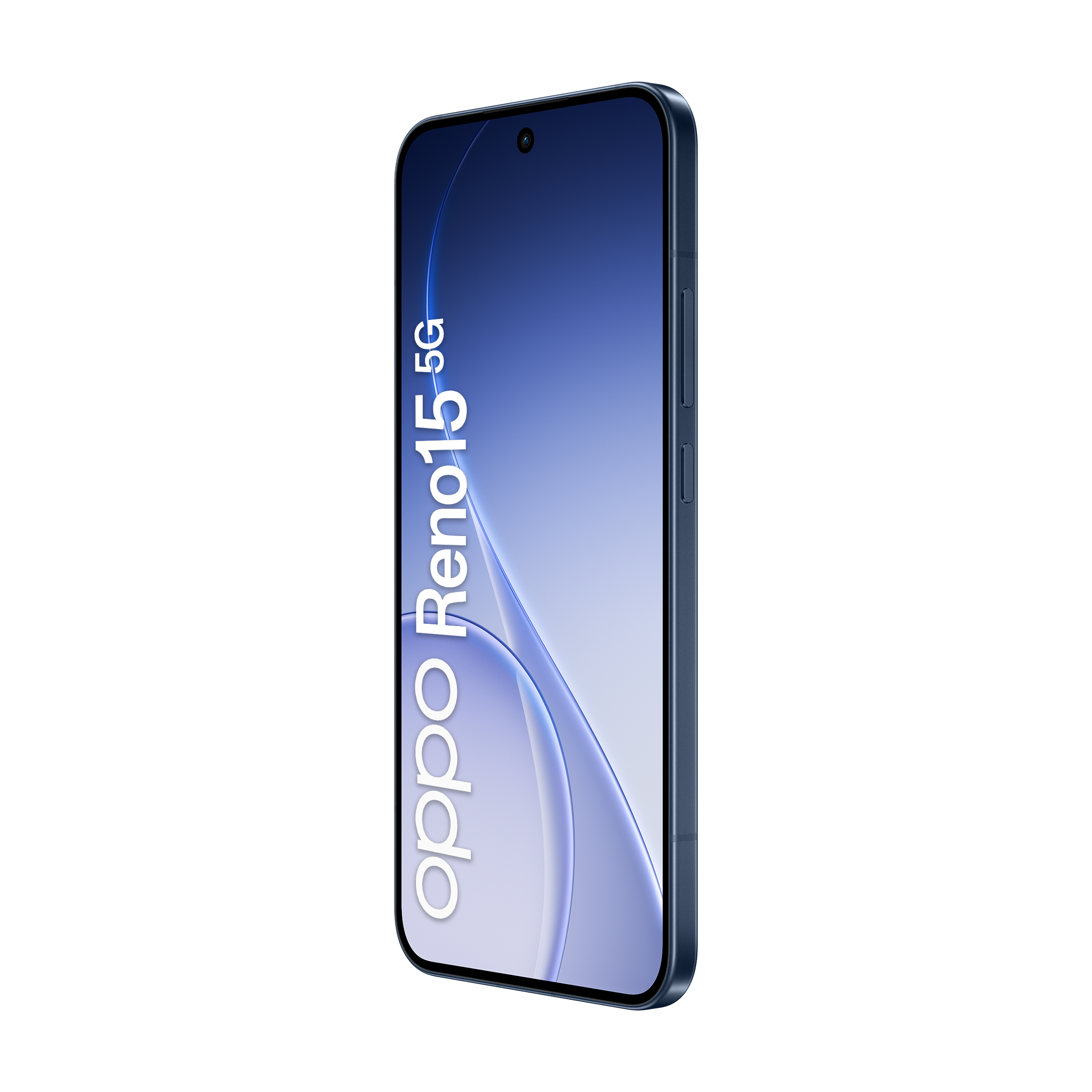 Ciemnoniebieski smartfon Oppo Reno 15 5G na białym tle.