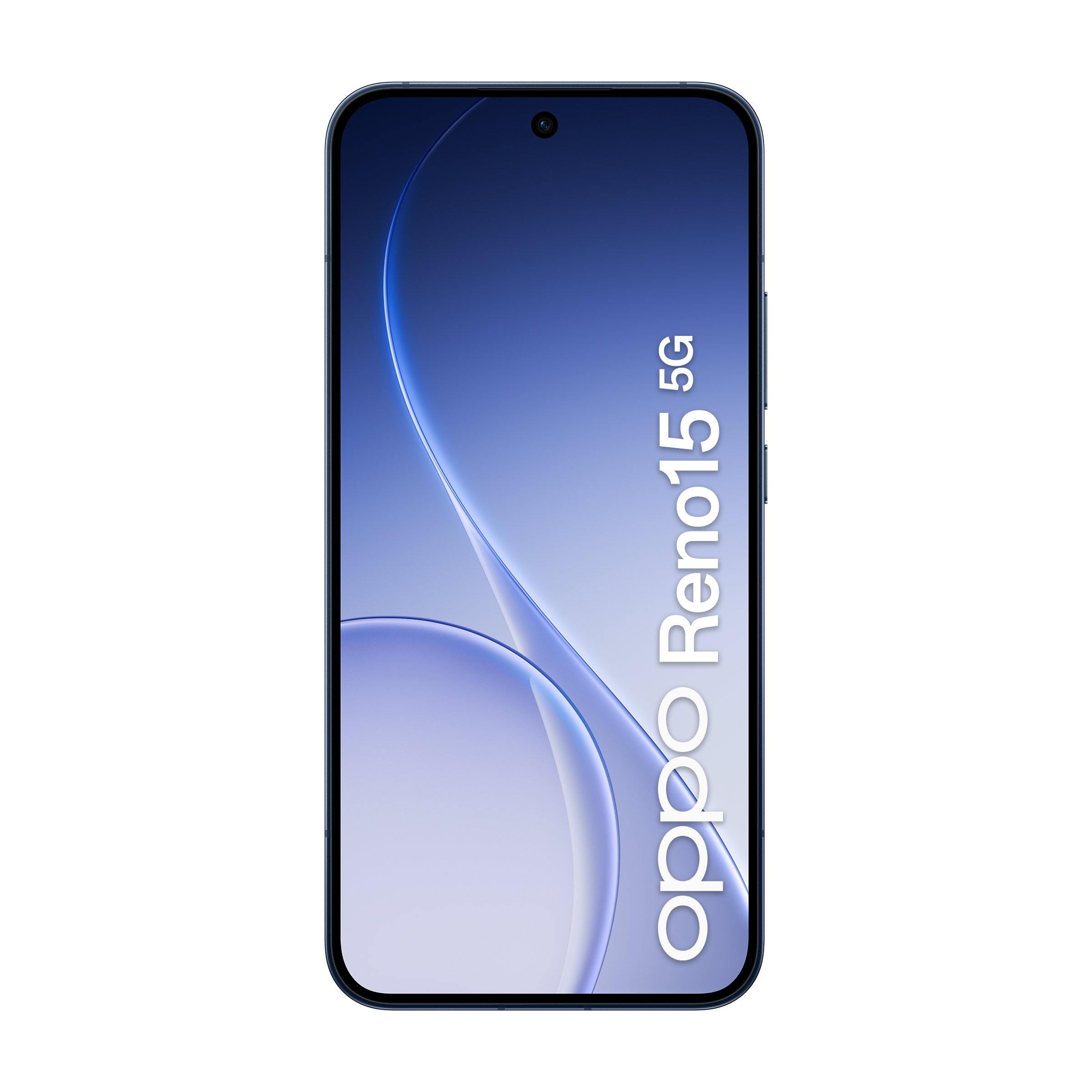 Niebieski smartfon OPPO Reno15 5G ze wzorem fal na ekranie.