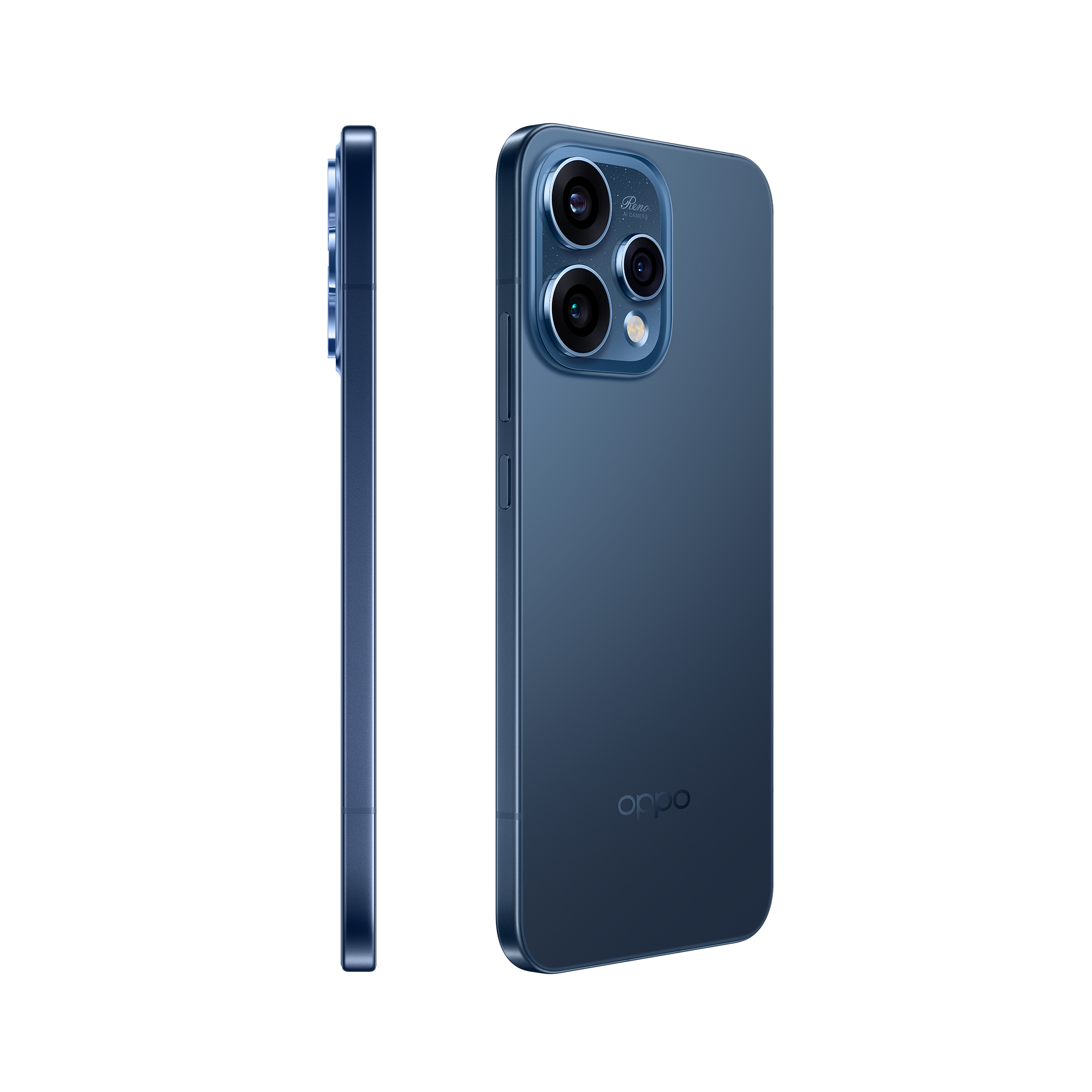 Ciemnoniebieski smartfon z potrójnym aparatem z tyłu.