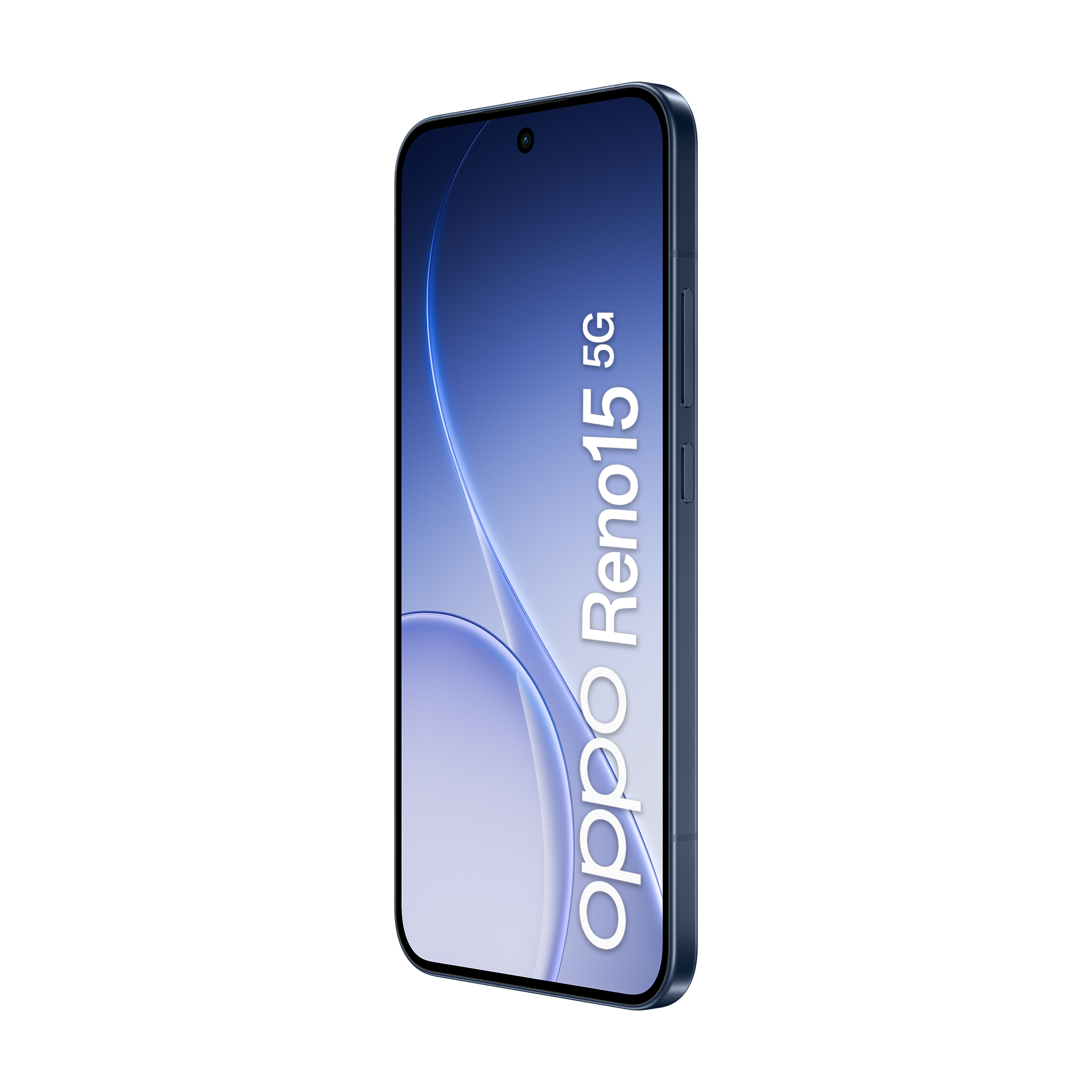 Ciemnoniebieski smartfon Oppo Reno15 5G, zbliżenie na przedni aparat i ekran.