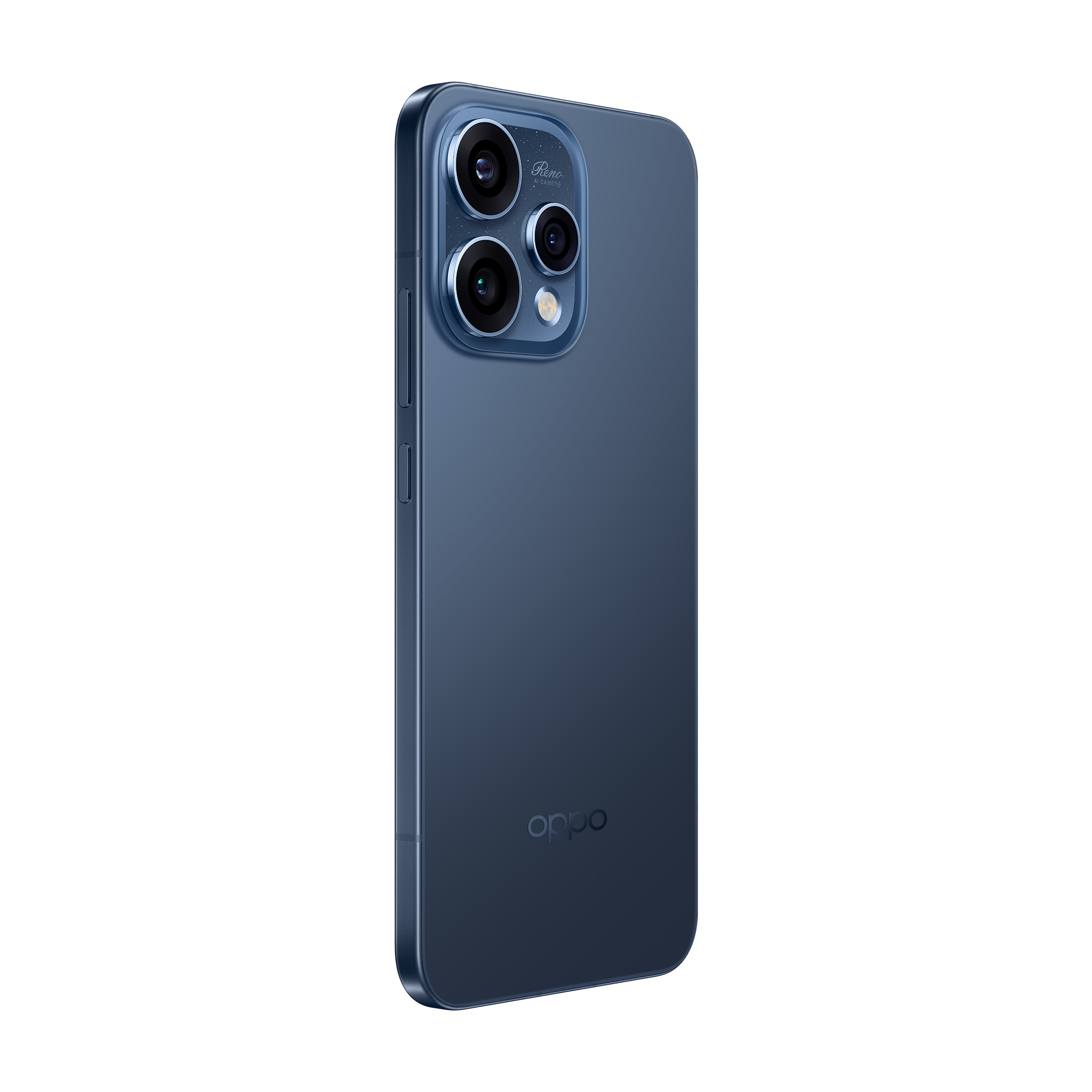 Ciemnoniebieski smartfon z trzema aparatami i logo OPPO na białym tle.