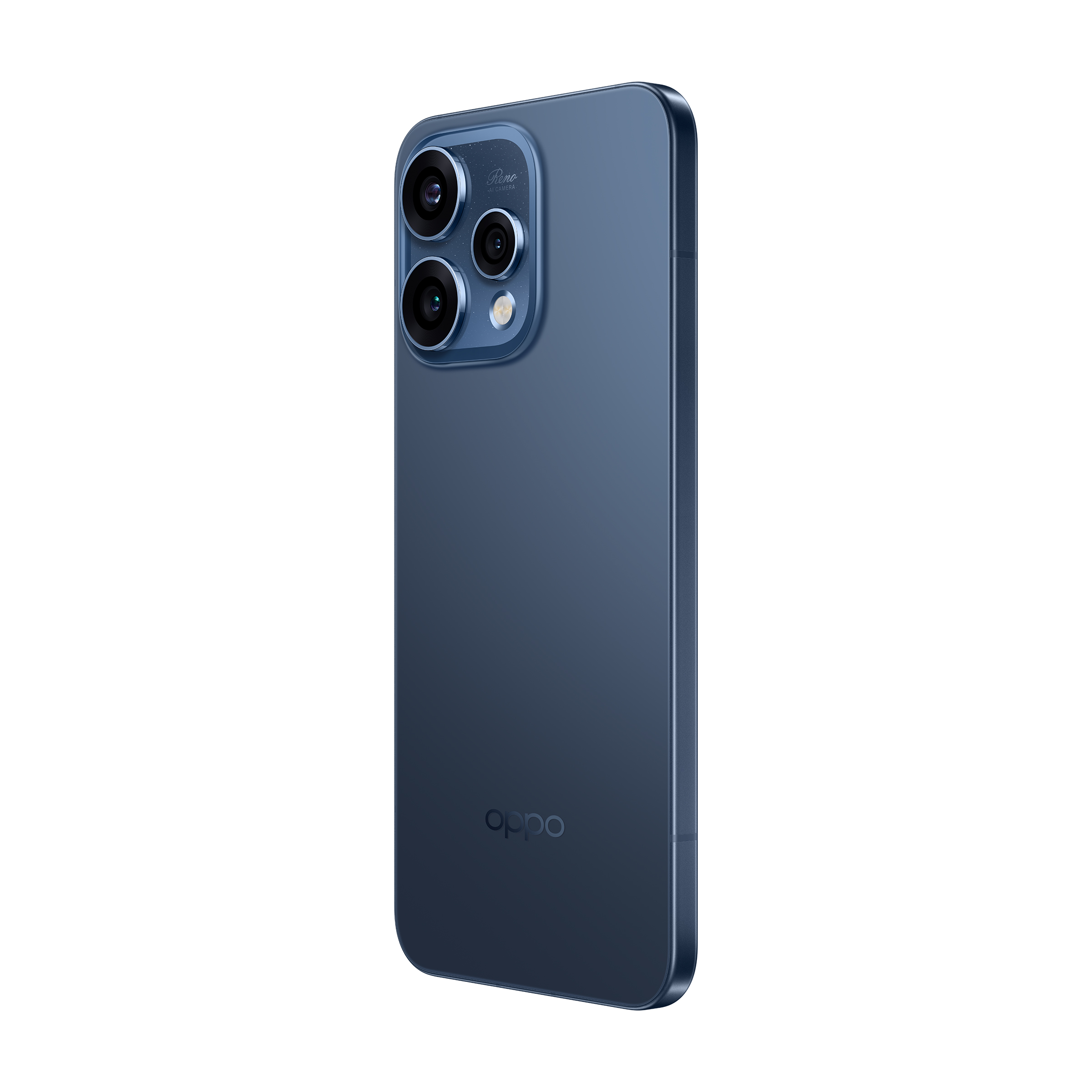Ciemnoniebieski smartfon z trzema aparatami i logo OPPO z tyłu.