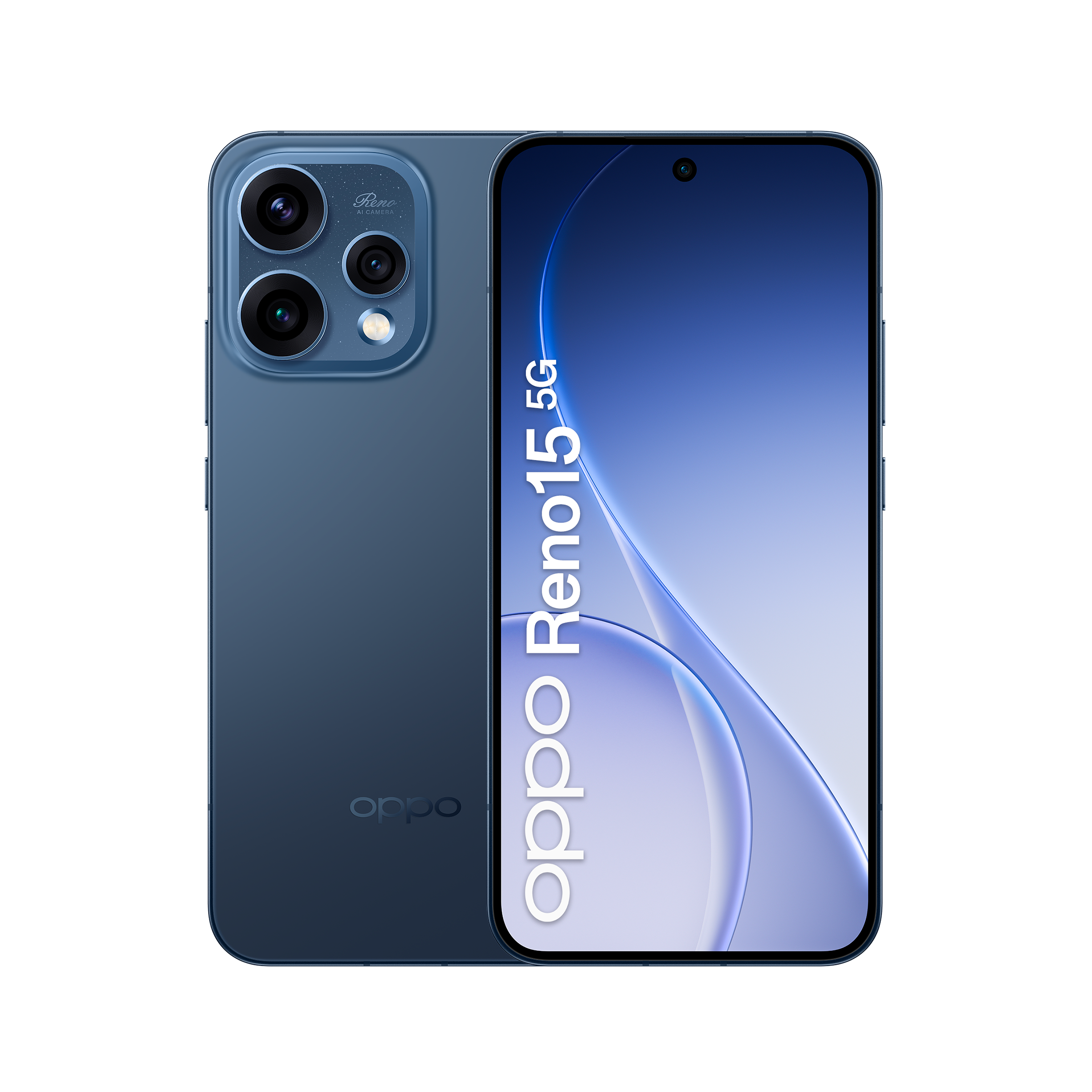 Niebieski smartfon Oppo Reno15 5G z potrójnym aparatem.