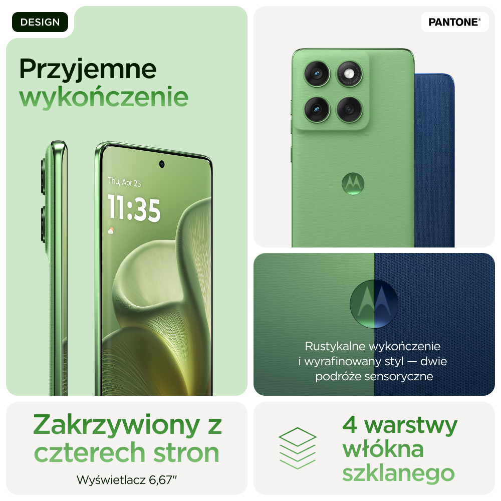 Zielony telefon Motorola pokazany z trzech perspektyw: przód, tył i detale.