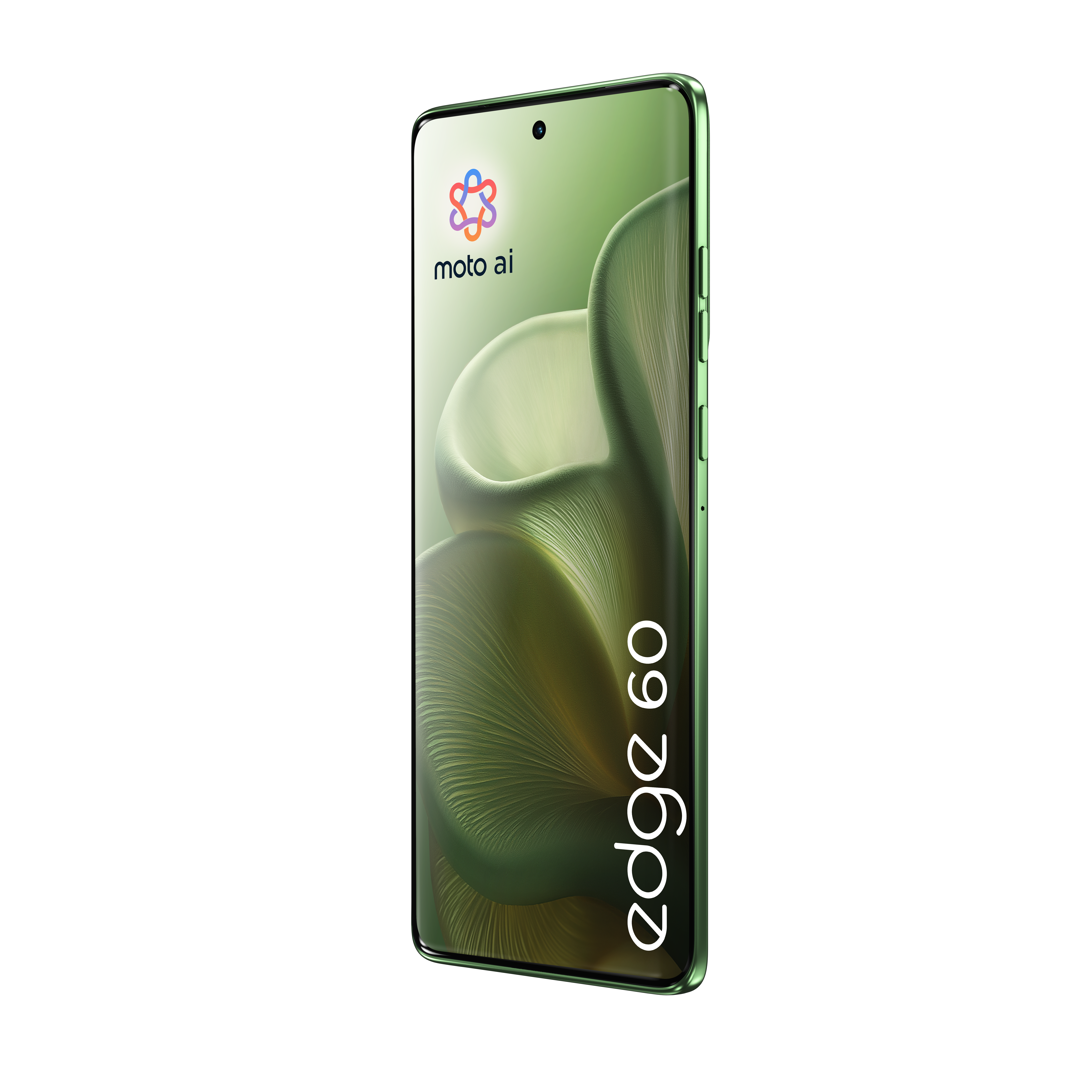Zielony smartfon Motorola Edge 60 z logo Moto AI na ekranie.