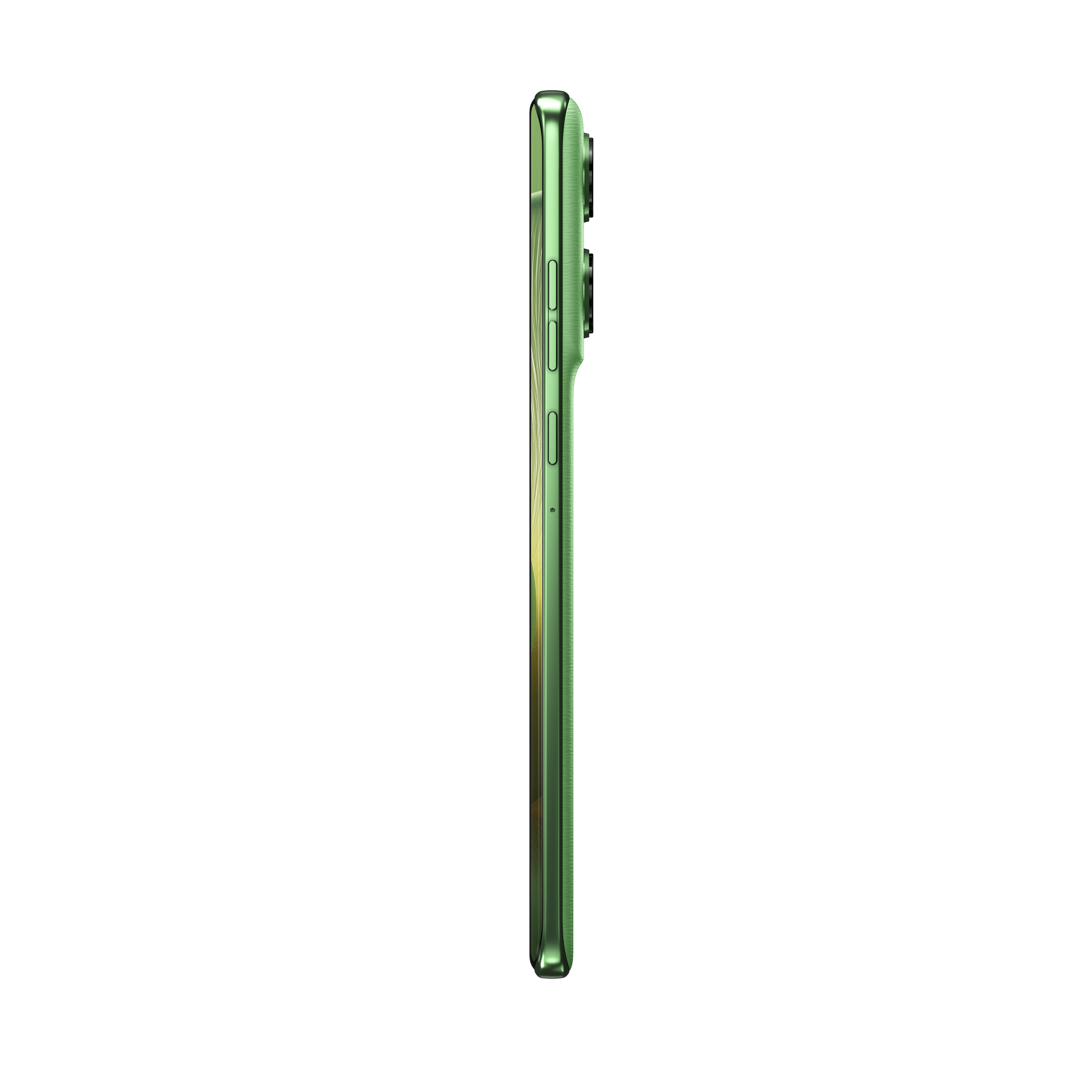 Zielony smartfon w profilu na czarnym tle.