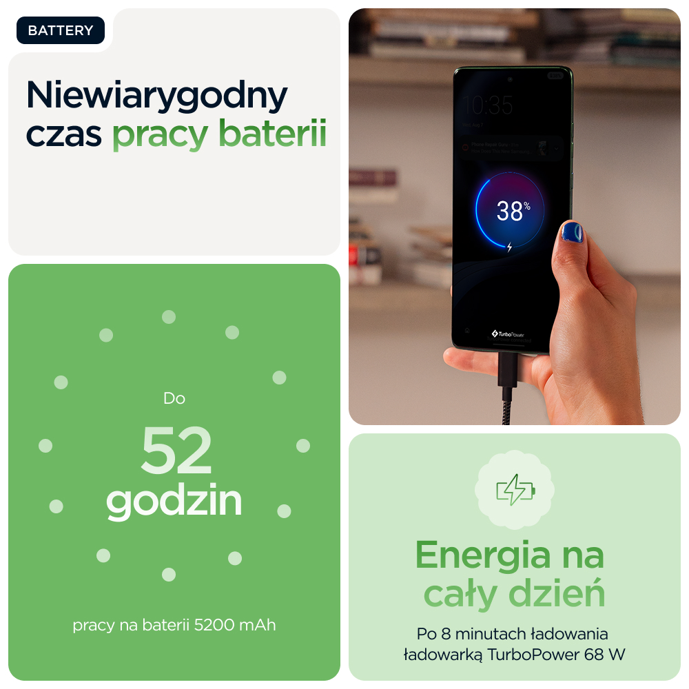 Smartfon jest ładowany, pokazuje 38% baterii. Bateria wystarcza na 52 godziny.