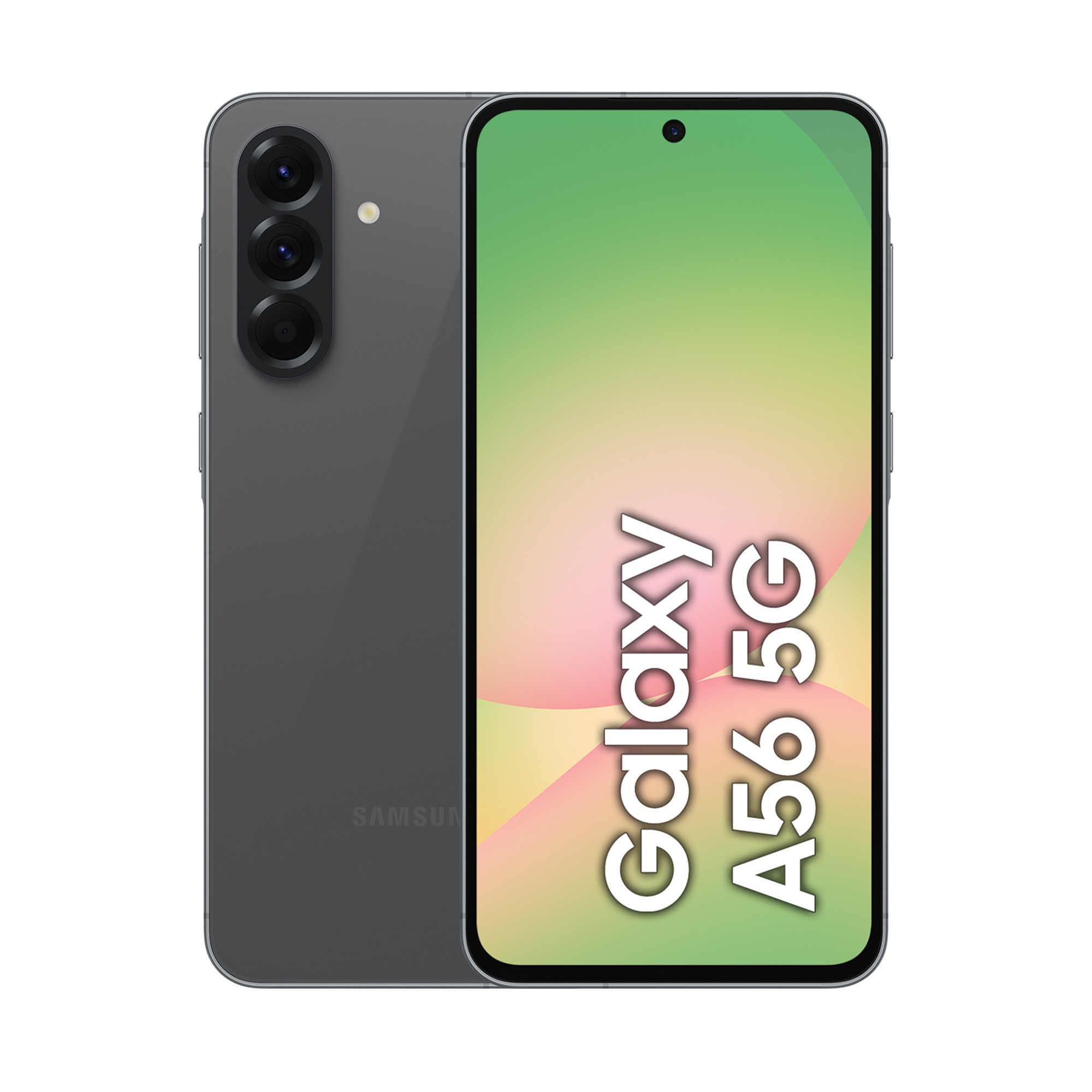 Szary smartfon Samsung Galaxy A56 5G z trzema tylnymi aparatami i zielonym ekranem.