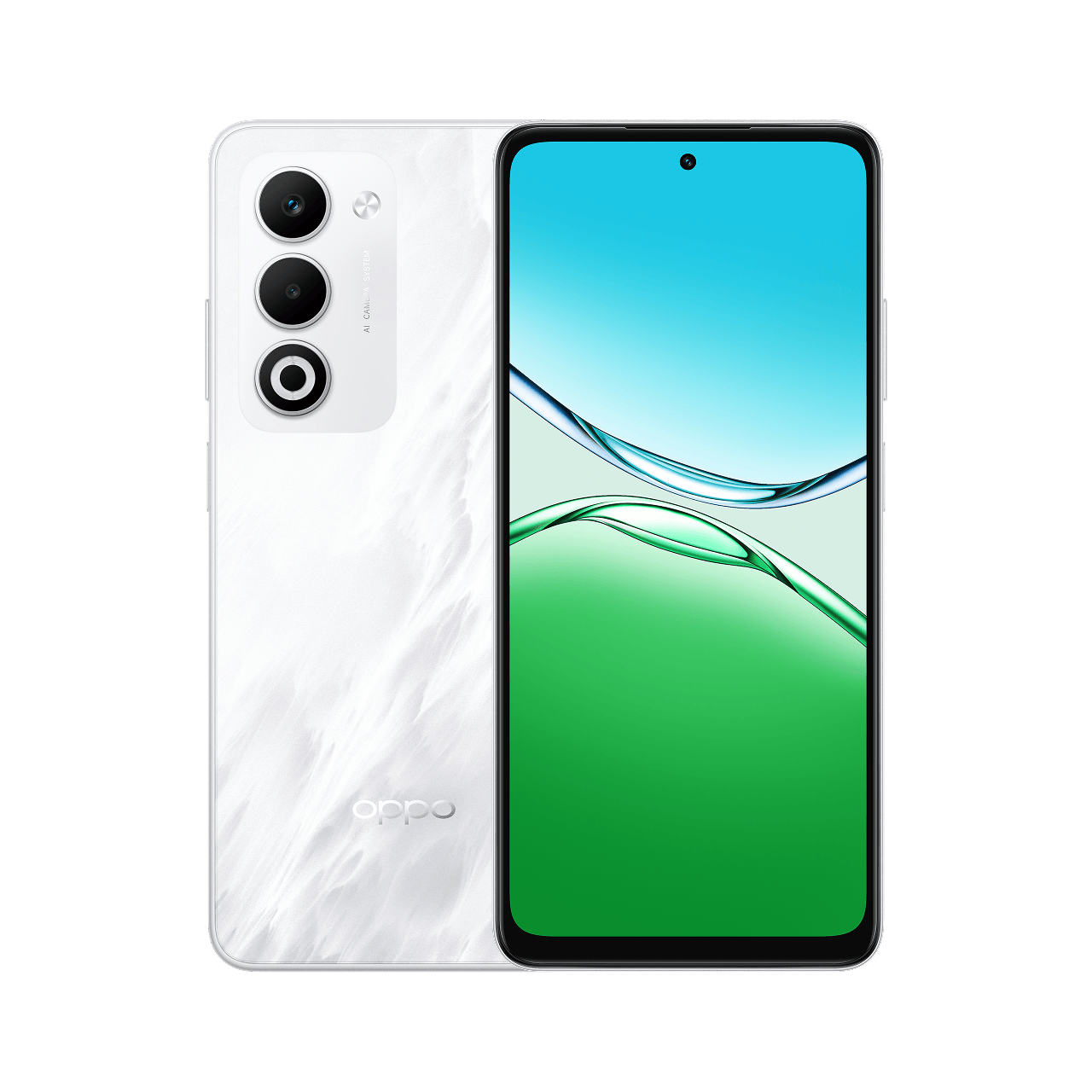 Biały smartfon z tyłem o marmurowym wzorze i potrójnym aparatem.