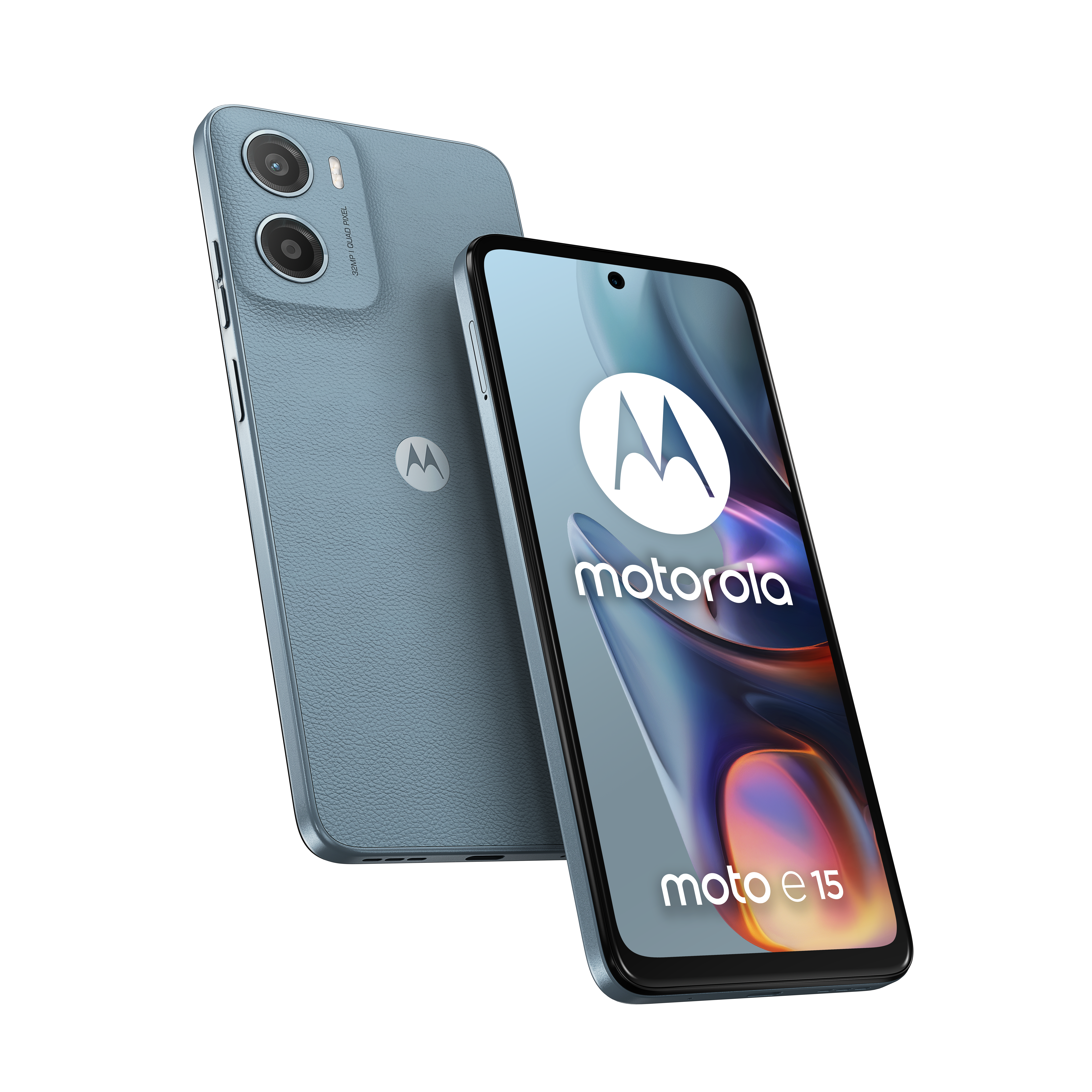 Niebieski smartfon Motorola z podwójnym aparatem i teksturowanym tyłem.