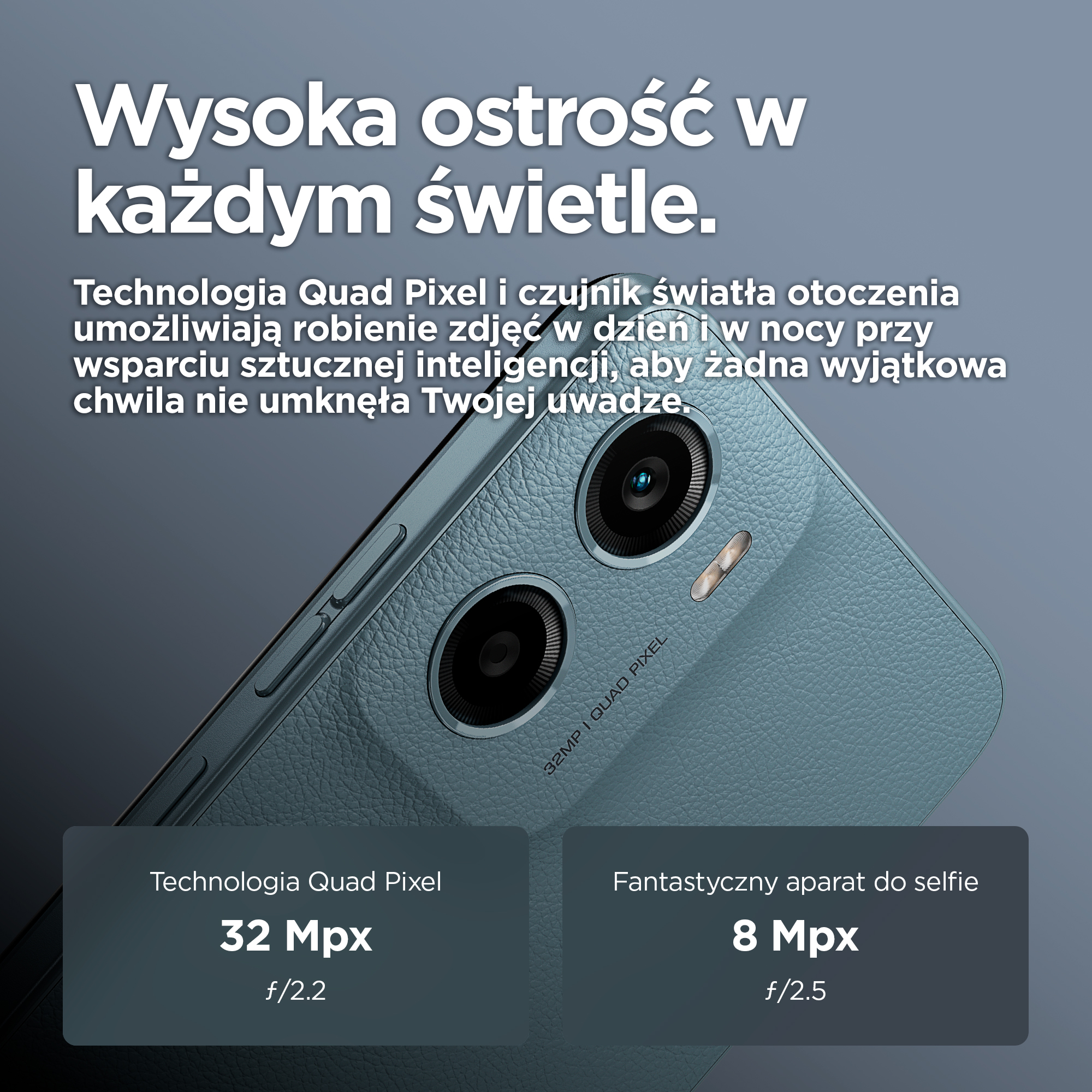 Niebieski smartfon z dwoma aparatami i tekstem o technologii zdjęć.