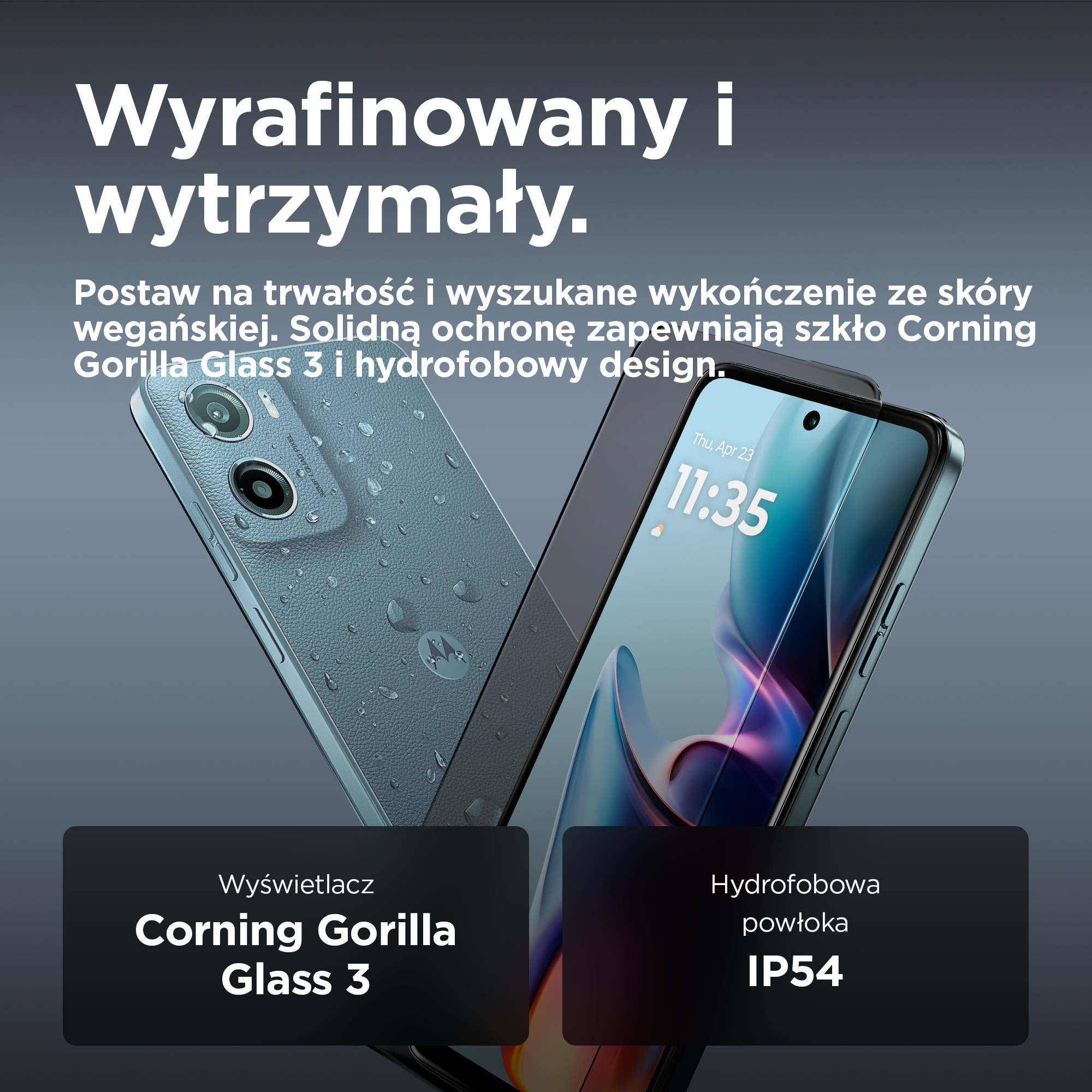 Dwa telefony, jeden ze skórą wegańską i kroplami, drugi pokazuje godzinę.