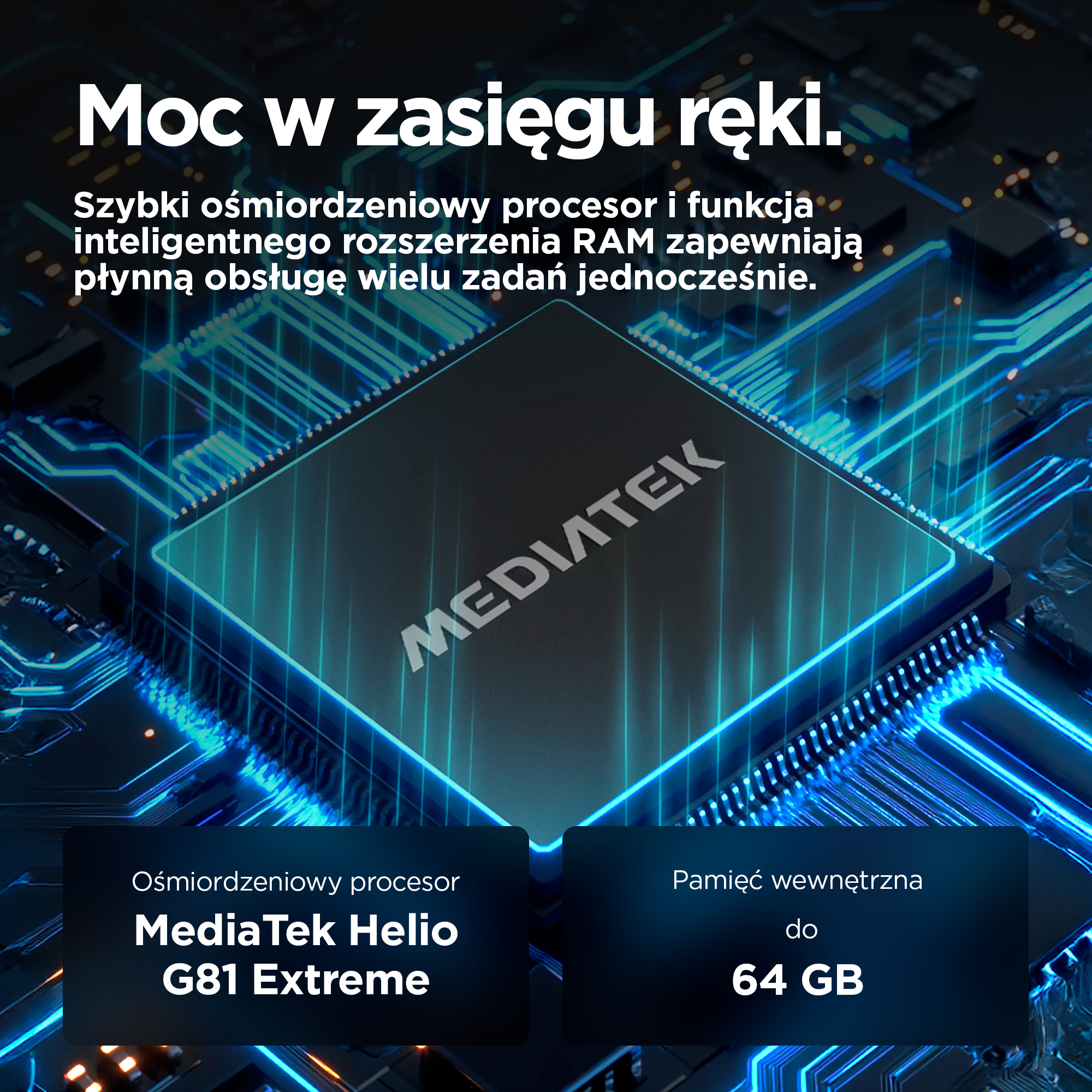 Zbliżenie procesora MediaTek z niebieskimi liniami świetlnymi.
