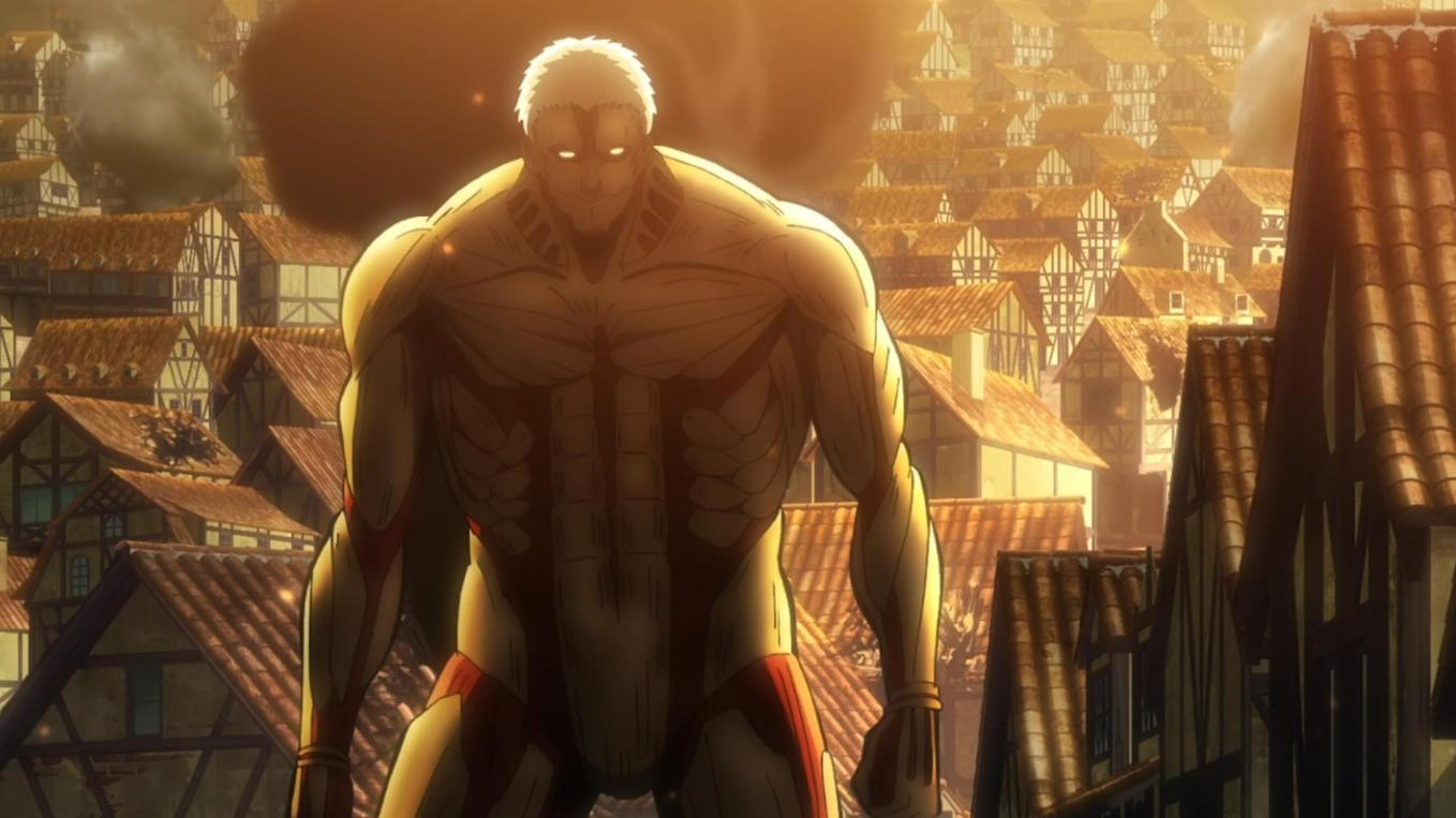 Ein kolossaler, muskulöser Titan steht über einer Stadt mit Fachwerkhäusern.