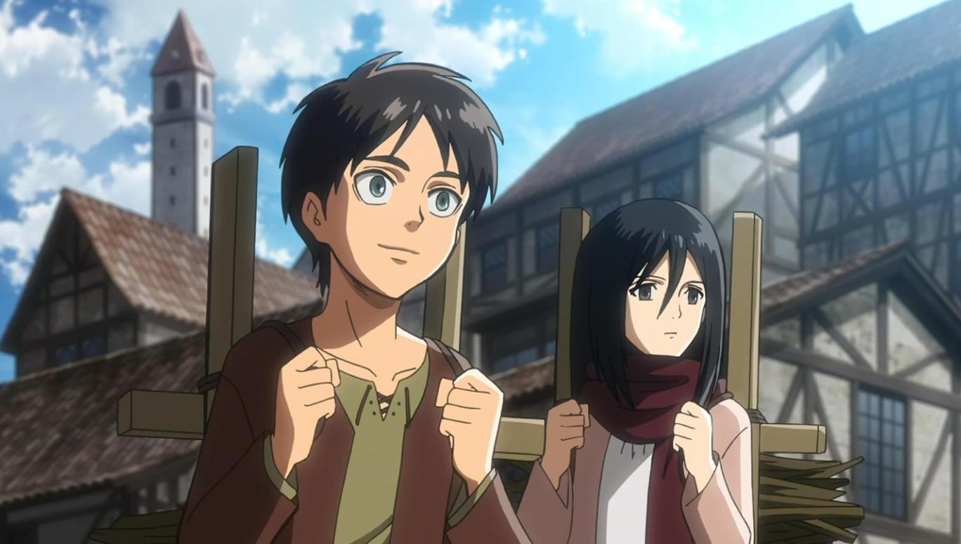 Zwei junge Anime-Charaktere stehen vor mittelalterlichen Gebäuden unter einem blauen Himmel.