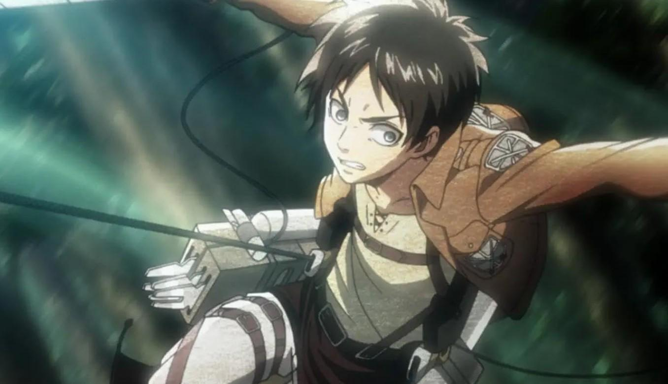 Ein anime-charakter mit brauner jacke und gasmaske fliegt mit seilen durch wald.