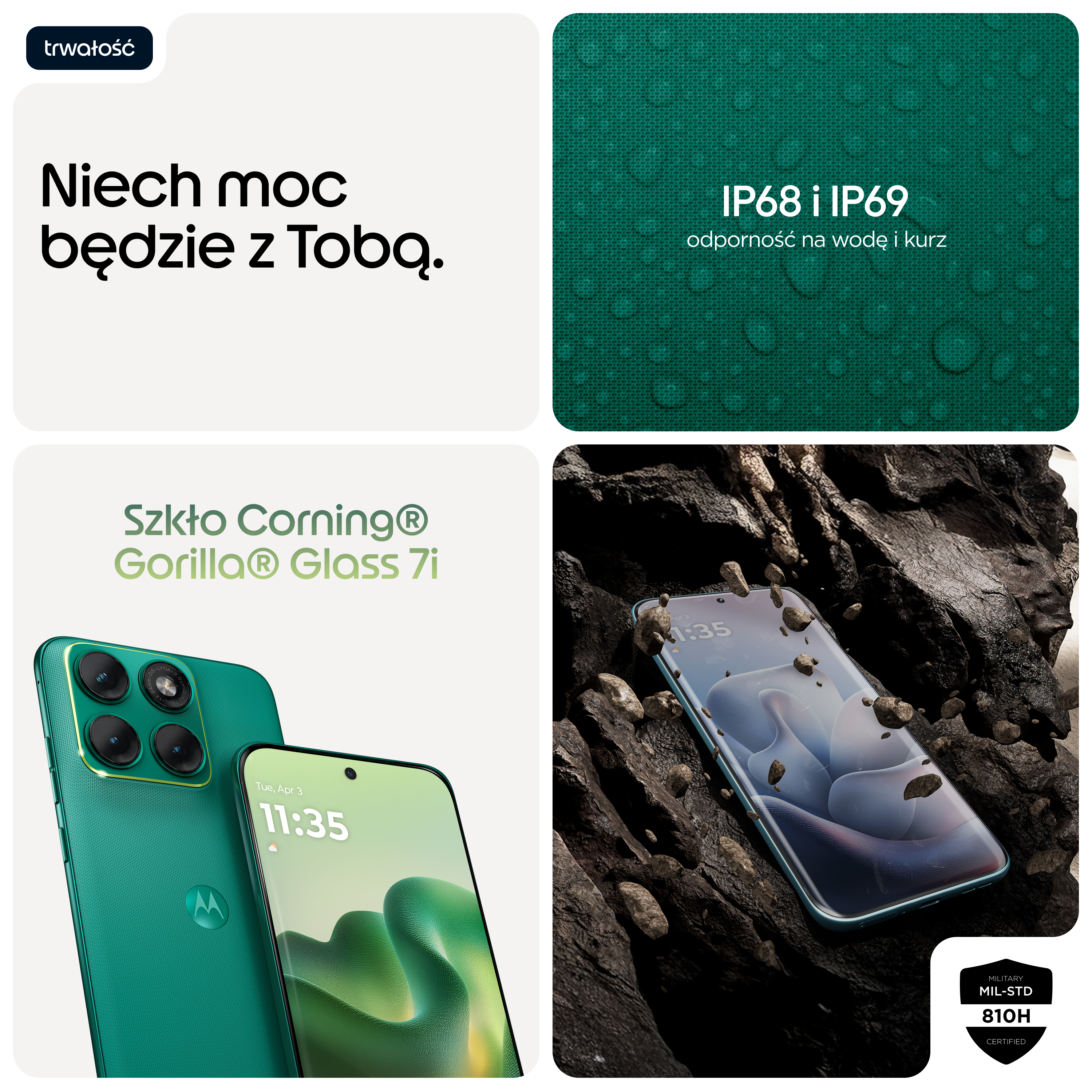 Zielony telefon z czterema aparatami, inny telefon z kamieniami. Wodoodporny.