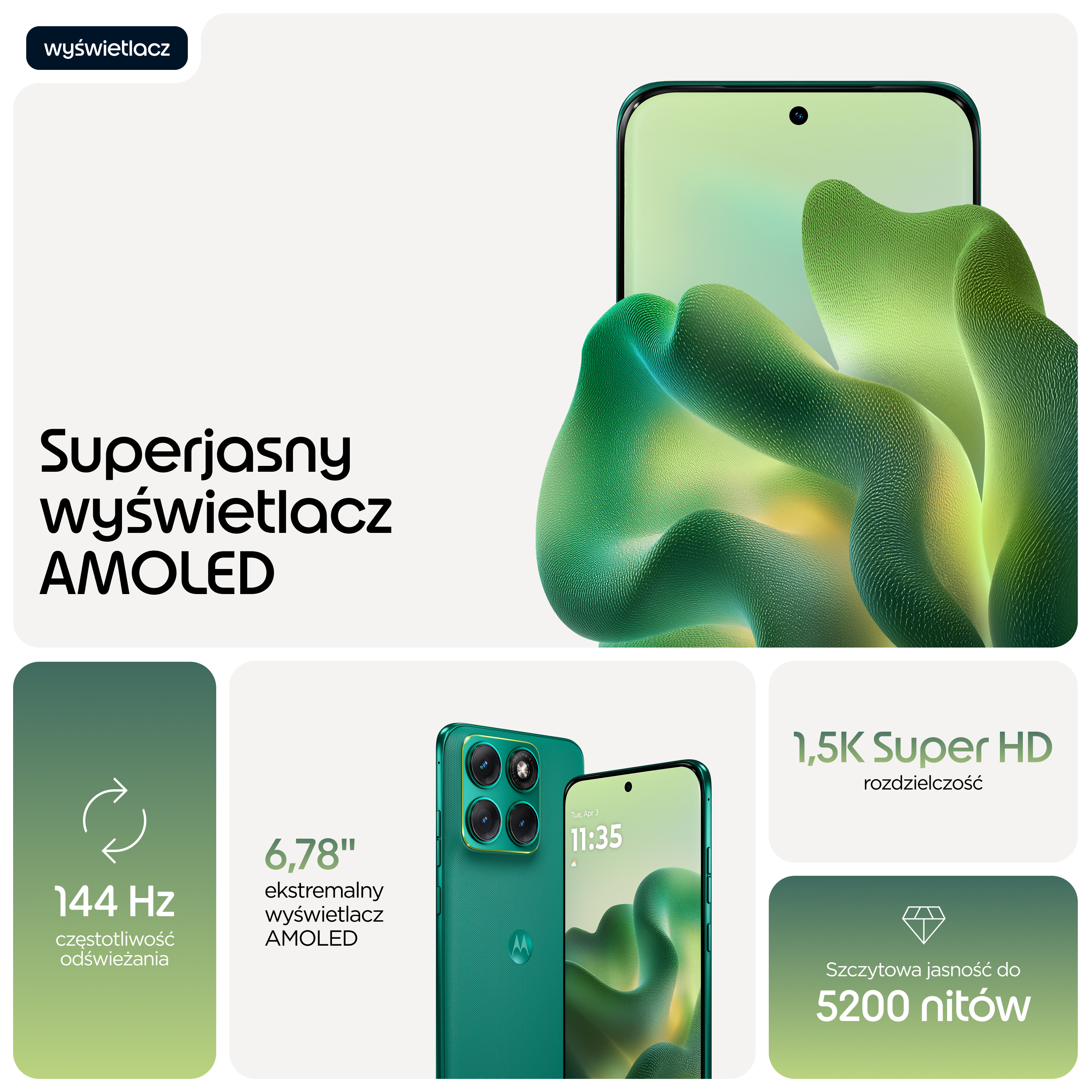 Zielony telefon Motorola z ekranem AMOLED 6,78", 144Hz, 1,5K Super HD