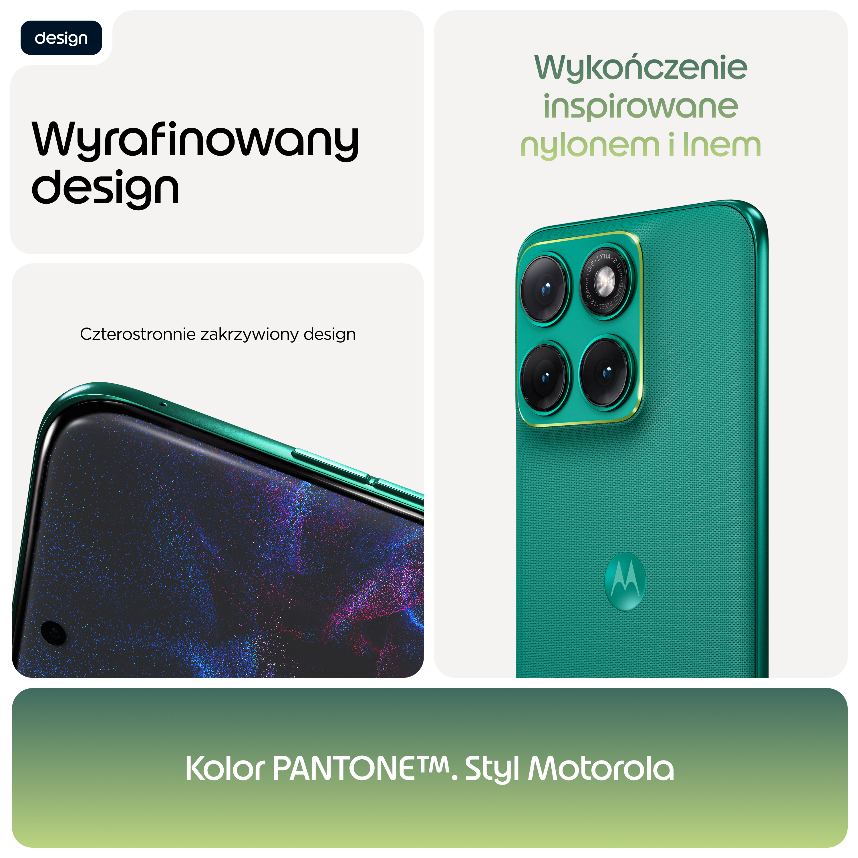 Turkusowy smartfon Motorola z potrójnym aparatem i zakrzywionym wyświetlaczem.