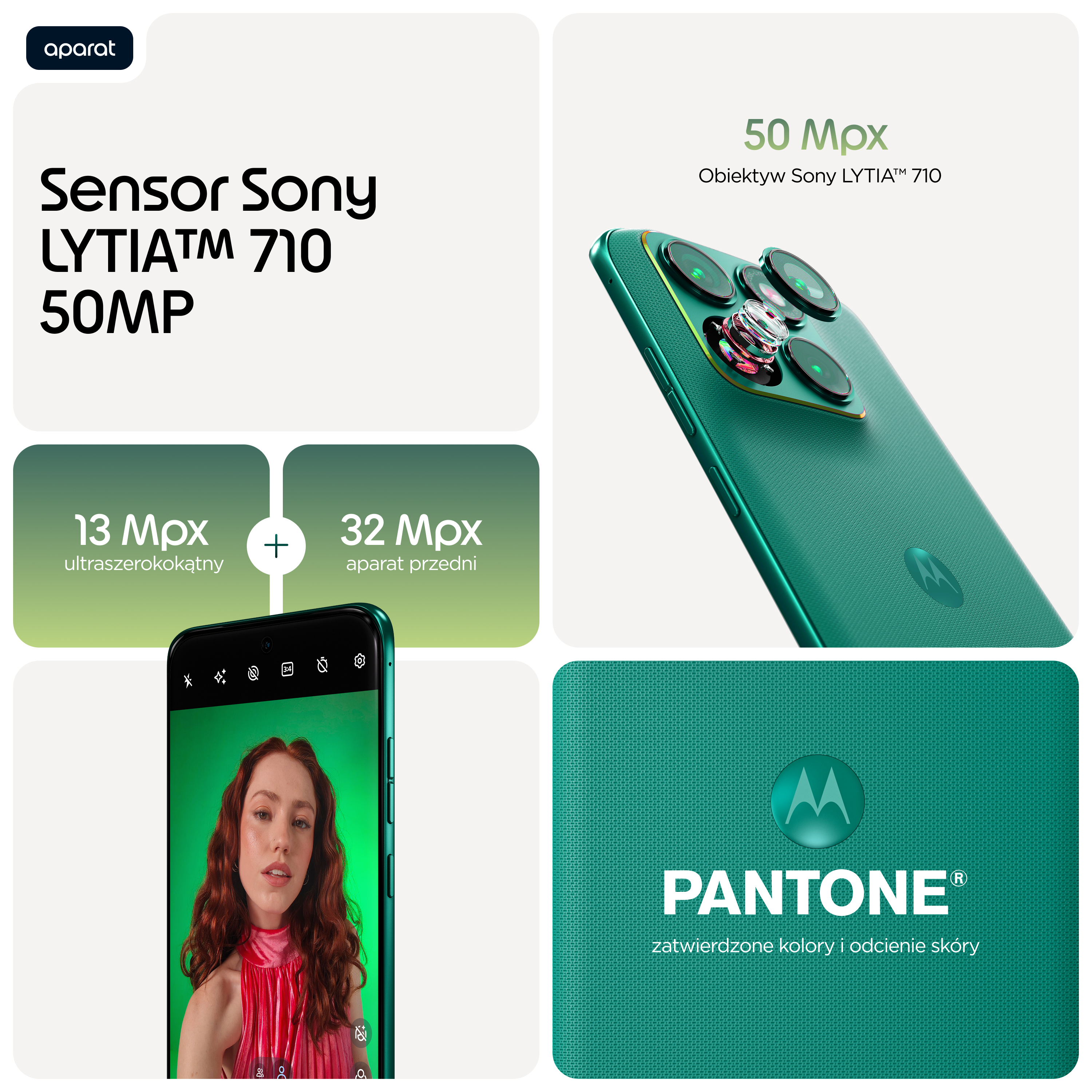 Obrazek przedstawia smartfon z sensorem Sony LYTIA 710, 50MP, 13MP ultraszerokokątnym, 32MP przednim.