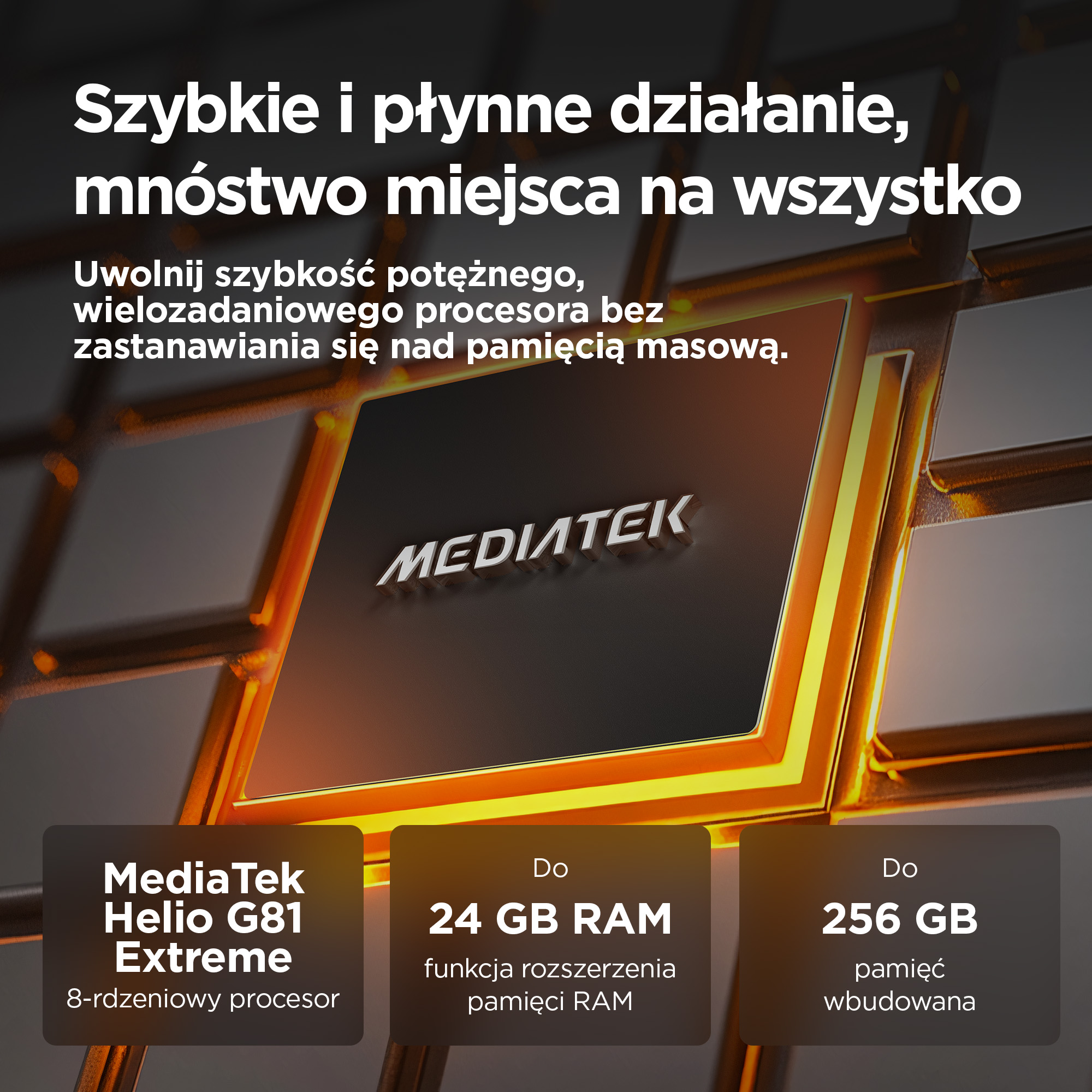 Procesor MediaTek Helio G81 Extreme z 24 GB RAM i 256 GB pamięci.