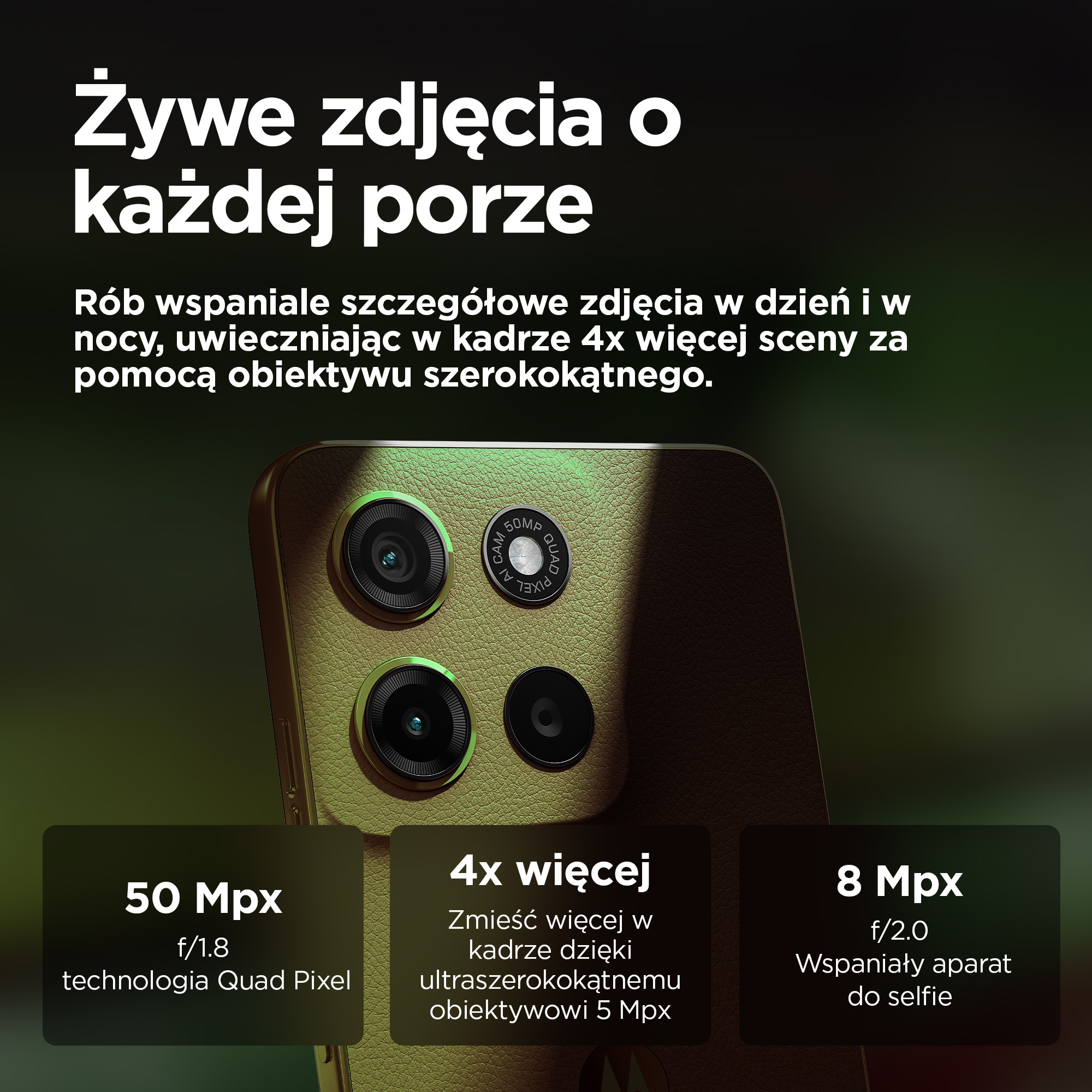 Zbliżenie na złotą tylną część telefonu z trzema aparatami i polami tekstowymi.
