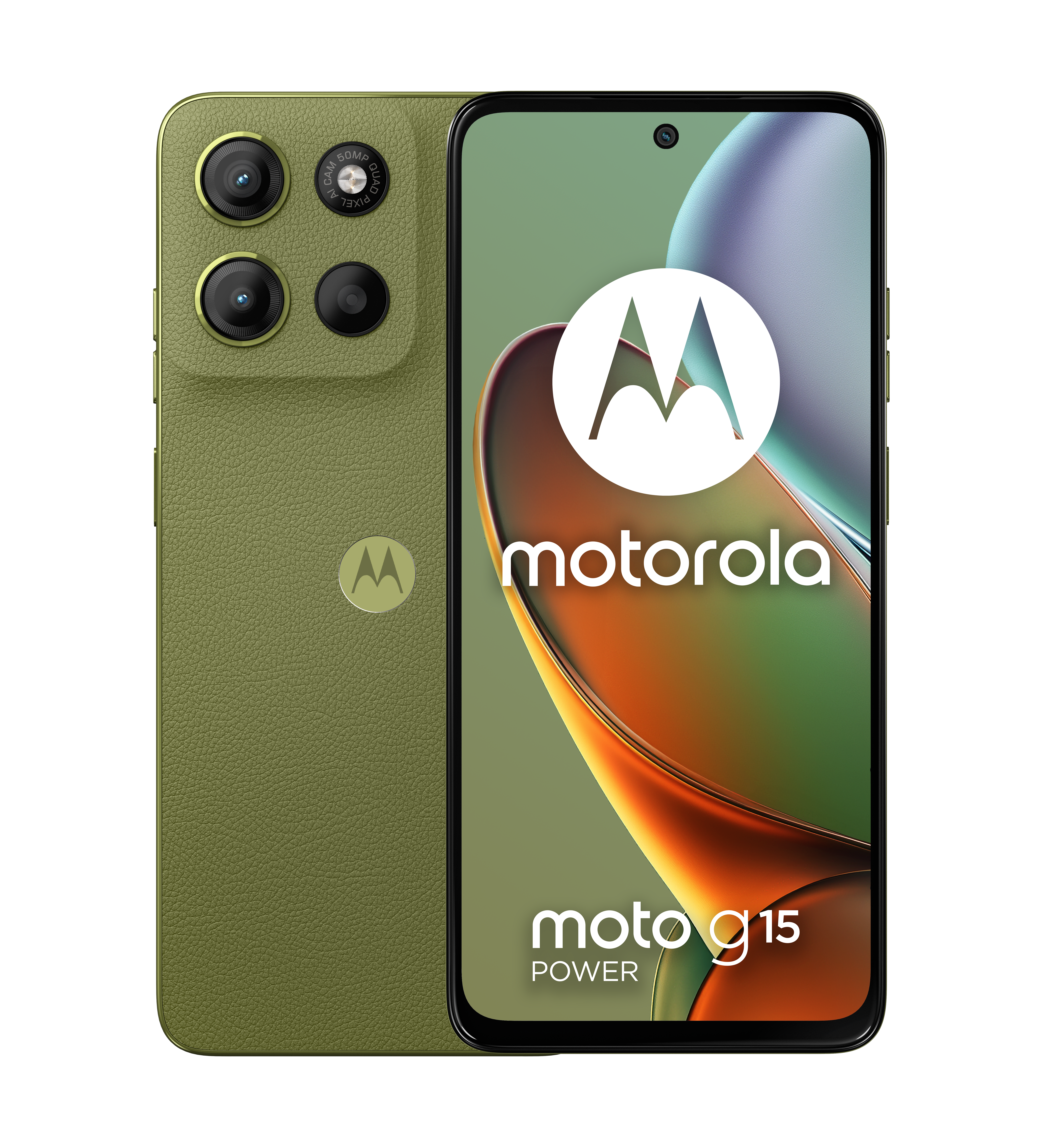 Zielony telefon Motorola Moto G15 Power z poczwórnym aparatem i skórzaną fakturą.