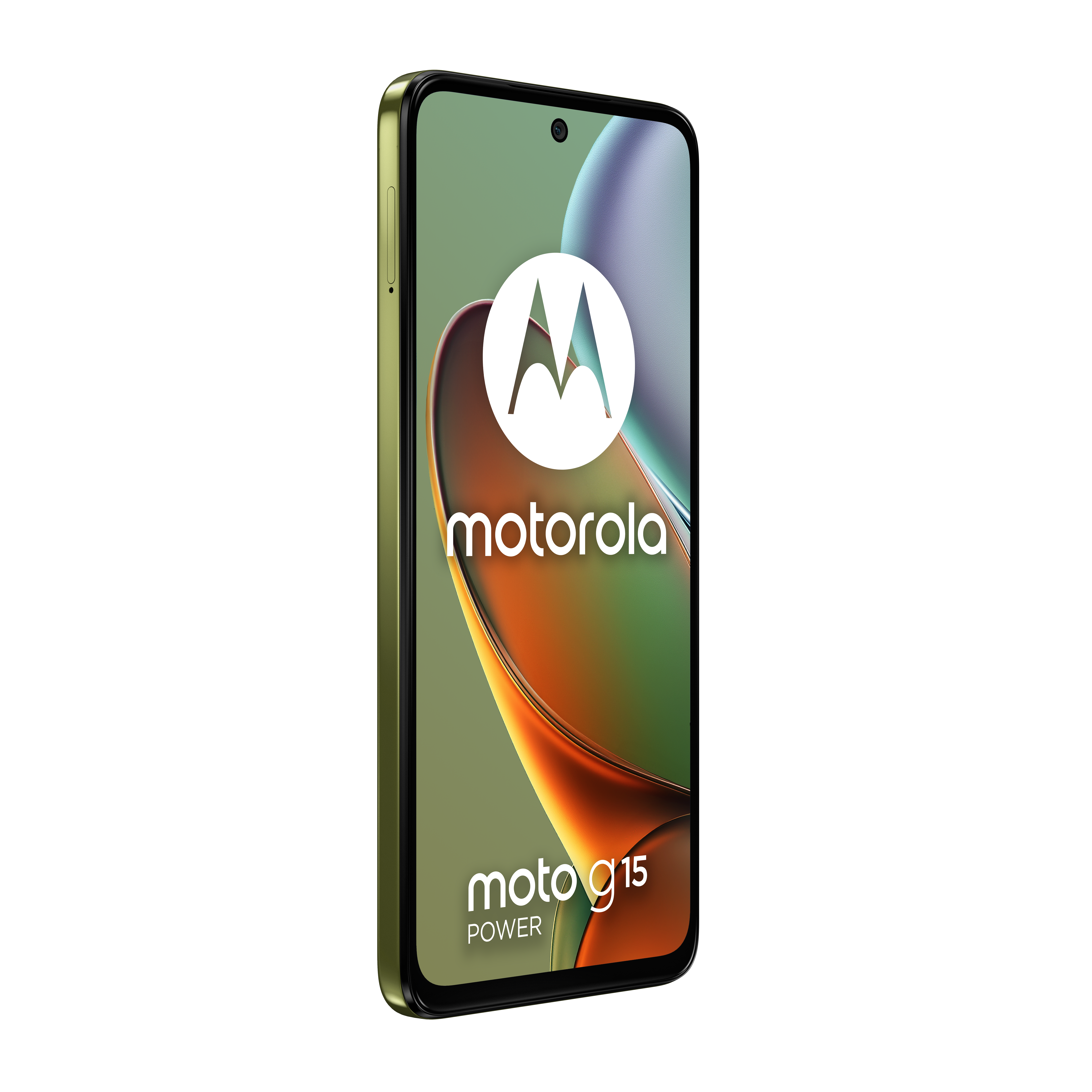 Zielony smartfon Motorola Moto G15 Power z logo Motorola na ekranie.