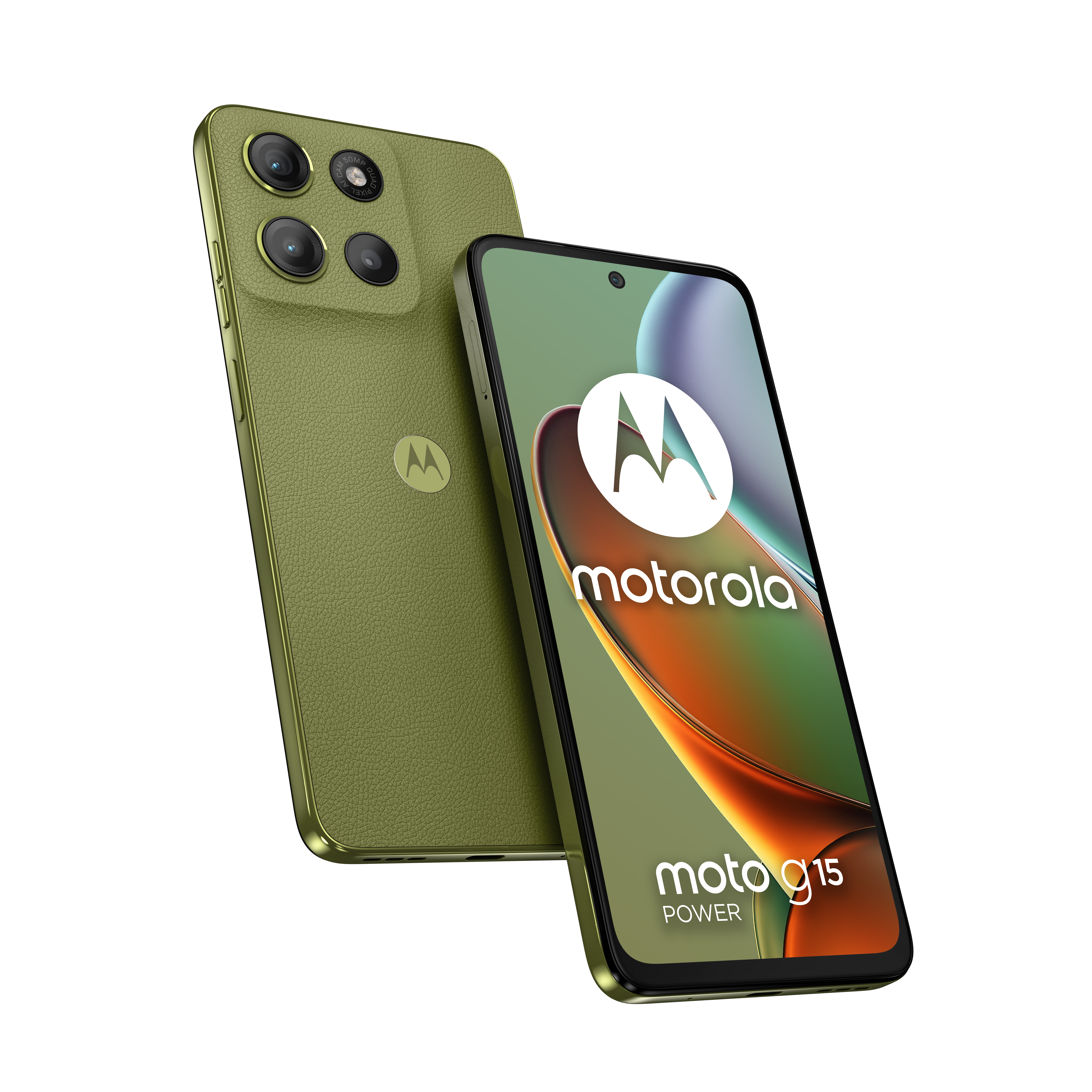 Dwa zielone telefony Motorola Moto G15 Power, jeden z aparatami, drugi z ekranem.
