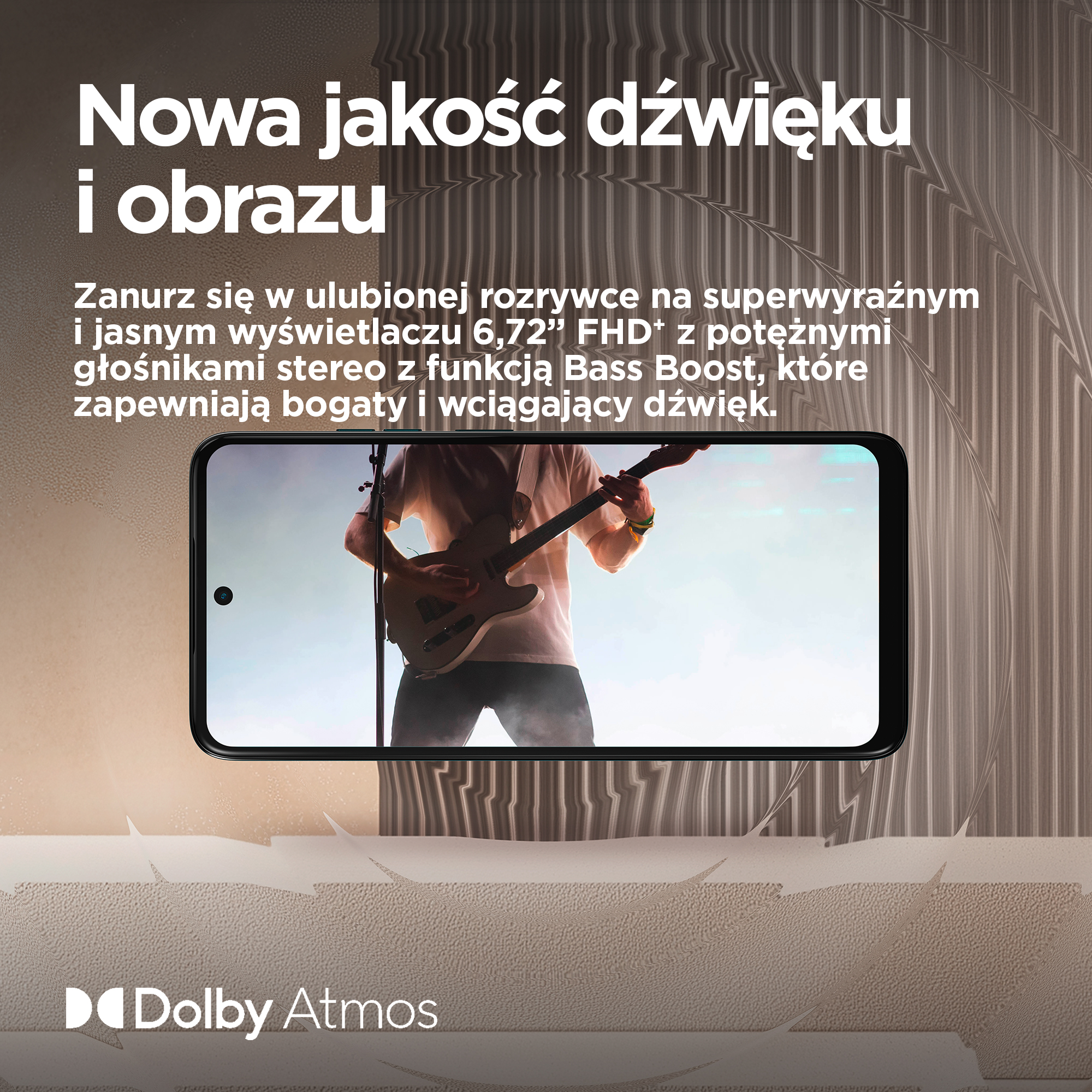 Smartfon wyświetla gitarzystę na żywo, z logo Dolby Atmos.