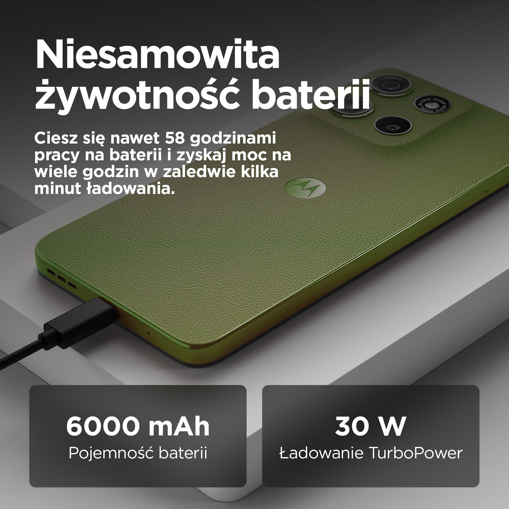 Zielony telefon z kablem do ładowania. Bateria 6000 mAh, 30W TurboPower.